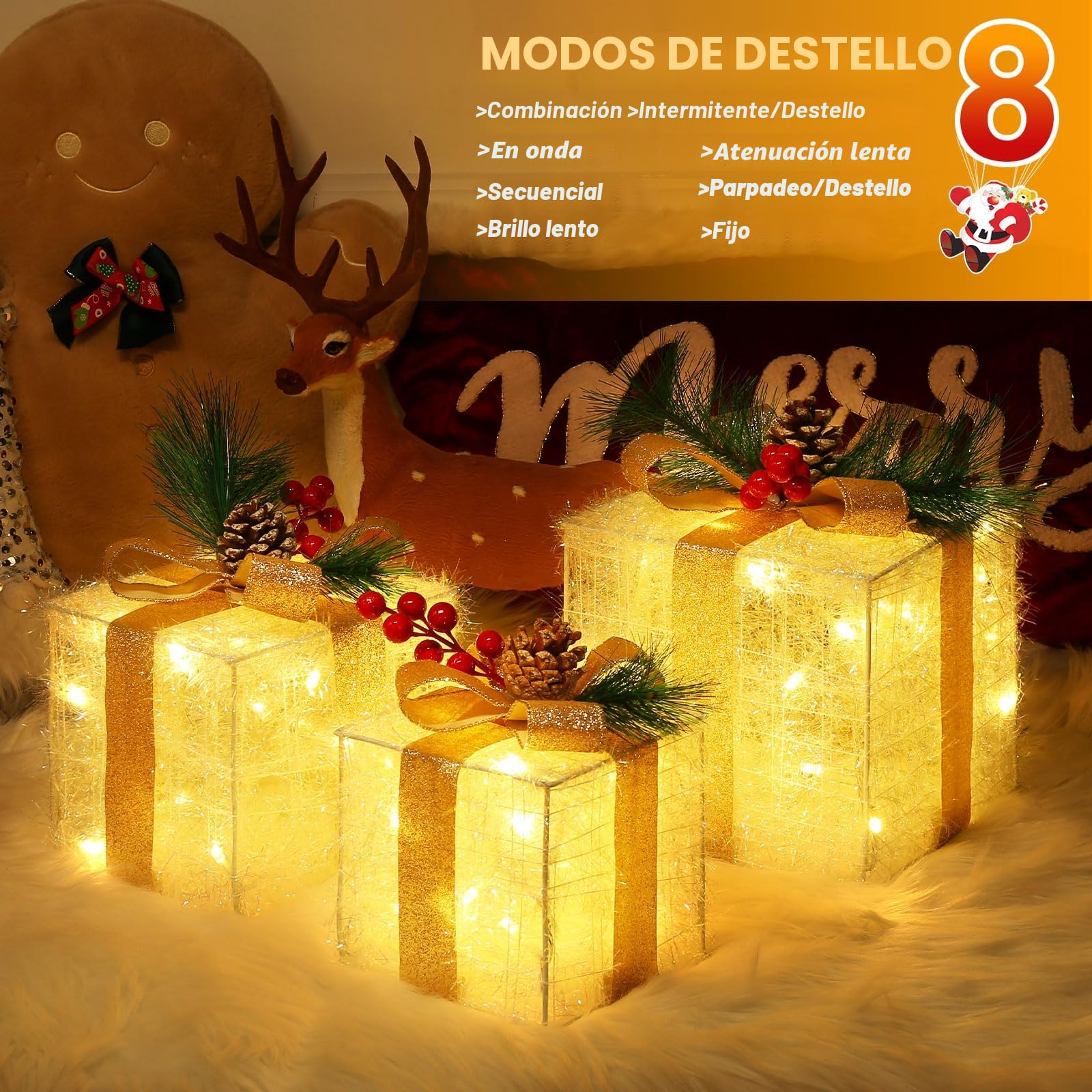 Quntis Juego de 3 Cajas de Regalo Luces de Navidad, Cajas de Luz Decoración | 60LED Cajas de Iluminación Navideña para Árbol de Navidad/Escaparate/Hogar/Fiesta/Boda/Habitación Infantil, Interior/Exterior