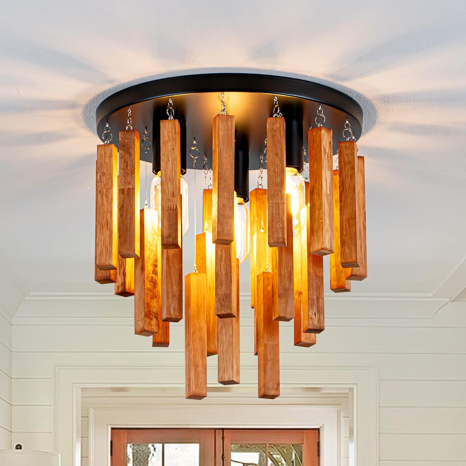 Farmhouse Light Fixture, 3-Light Wood Ceiling Light, Rustic Light Fixture with Wood and Black Metal Finish, Farmhouse Semi Flush Chandelier for Bedroom, Hallway, Entryway, Kitchen