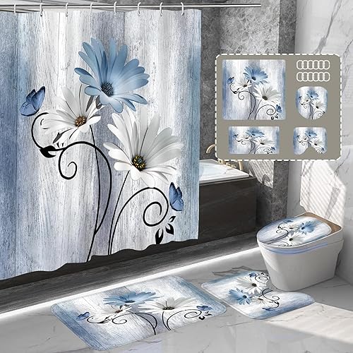 Vista 7 de Onalasyc - Juego de 4 cortinas de ducha con flores de margaritas azules, cortina de ducha y alfombra y accesorios, juego decorativo de cortina