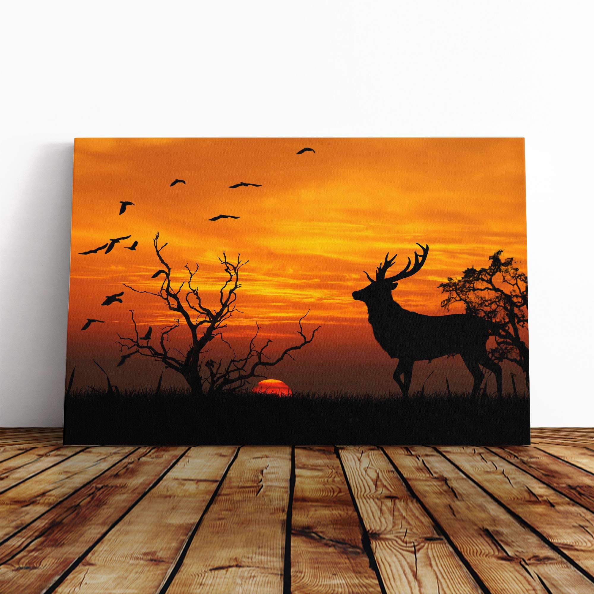 Sunset Stag and Birds Landscape Canvas Print | Gallery Wrapped 30mm Frame Wall Art | 20x14 inches | Ready to Hang | Modern Animals Picture | Living Room Bedroom Lounge Office