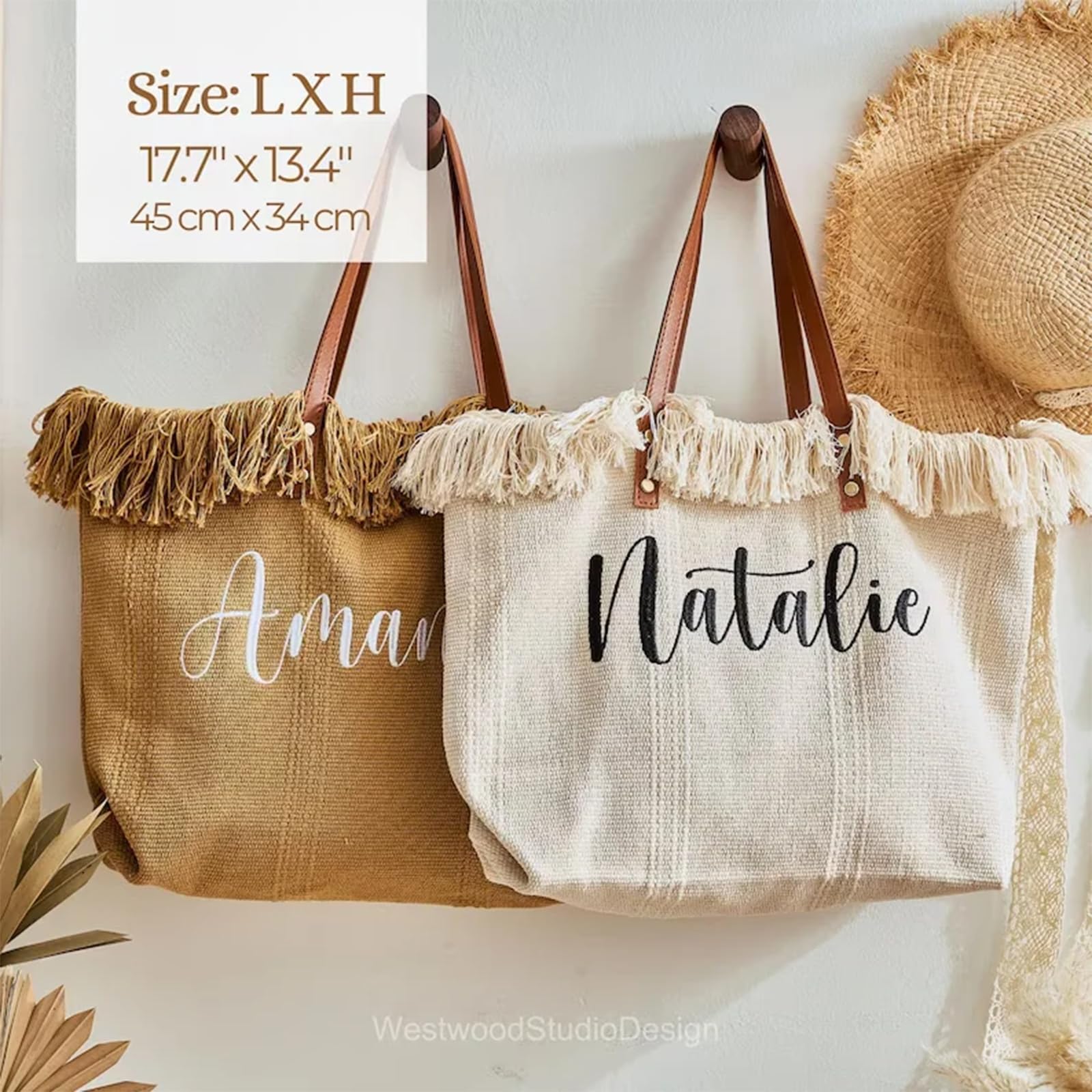 Borsa tote per damigella d'onore con ricamo personalizzato, borse di tela per regali per feste nuziali, frange boho e borse da spiaggia per spose, regalo di viaggio per ragazze
