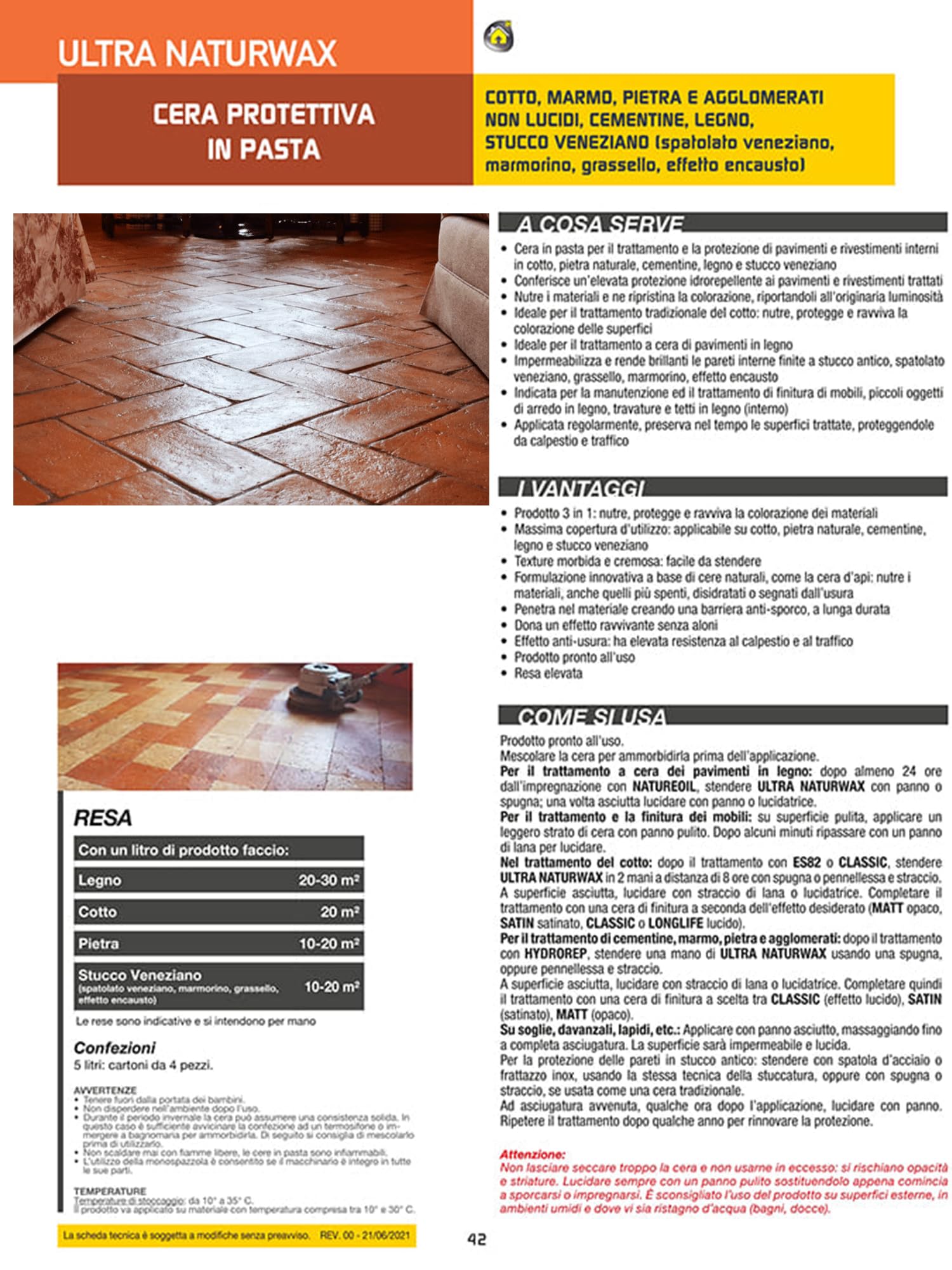 Cera per Cotto Interno Protettiva In Pasta Ultra Naturwax 5 Litri