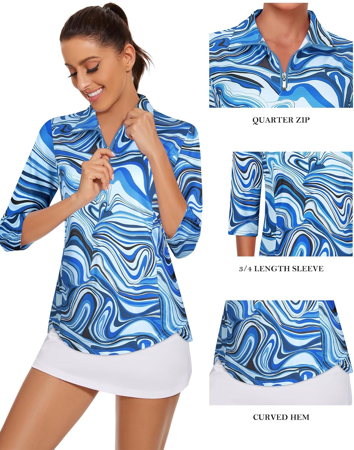 Tanst Sky Womens Golf Polo Shirts Zipper 3/4 Sleeve Moisture Wicking Tops UPF 50+ Workout Tennis Apparel - Image 3