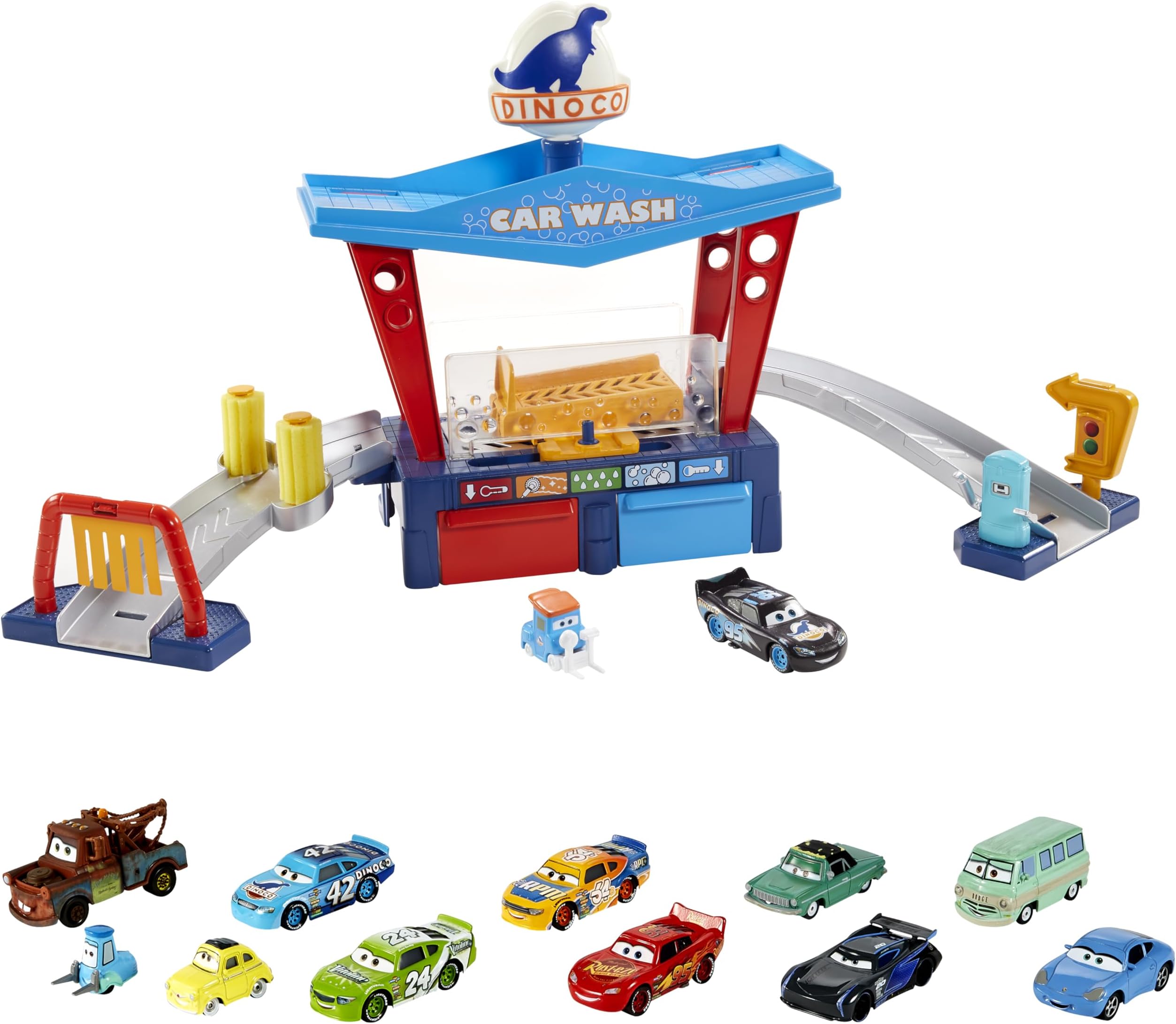 Bundle of Mattel Disney Pixar Cars Die-Cast Mini Racers 10-Pack Vehicles + Color Change Dinoco Car Wash Playset with Pitty and Exclusive Lightning McQueen Vehicle (Amazon Exclusive)