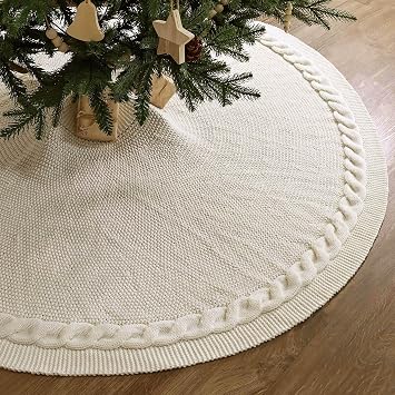 60 inch Christmas Tree Skirt Large Tree Skirt for 9ft Tree, Cable Knit Cream White Tree Skirt, Vintage Tree Skirts, Rustic Farmhouse Christmas Decorations