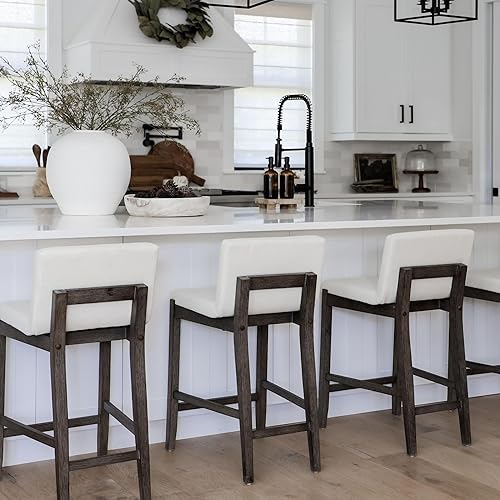 Miniatura 8 de Nathan James - Gracie - Moderno taburete alto con respaldo, silla alta tapizada con lino texturizado natural y patas de madera cepillada -