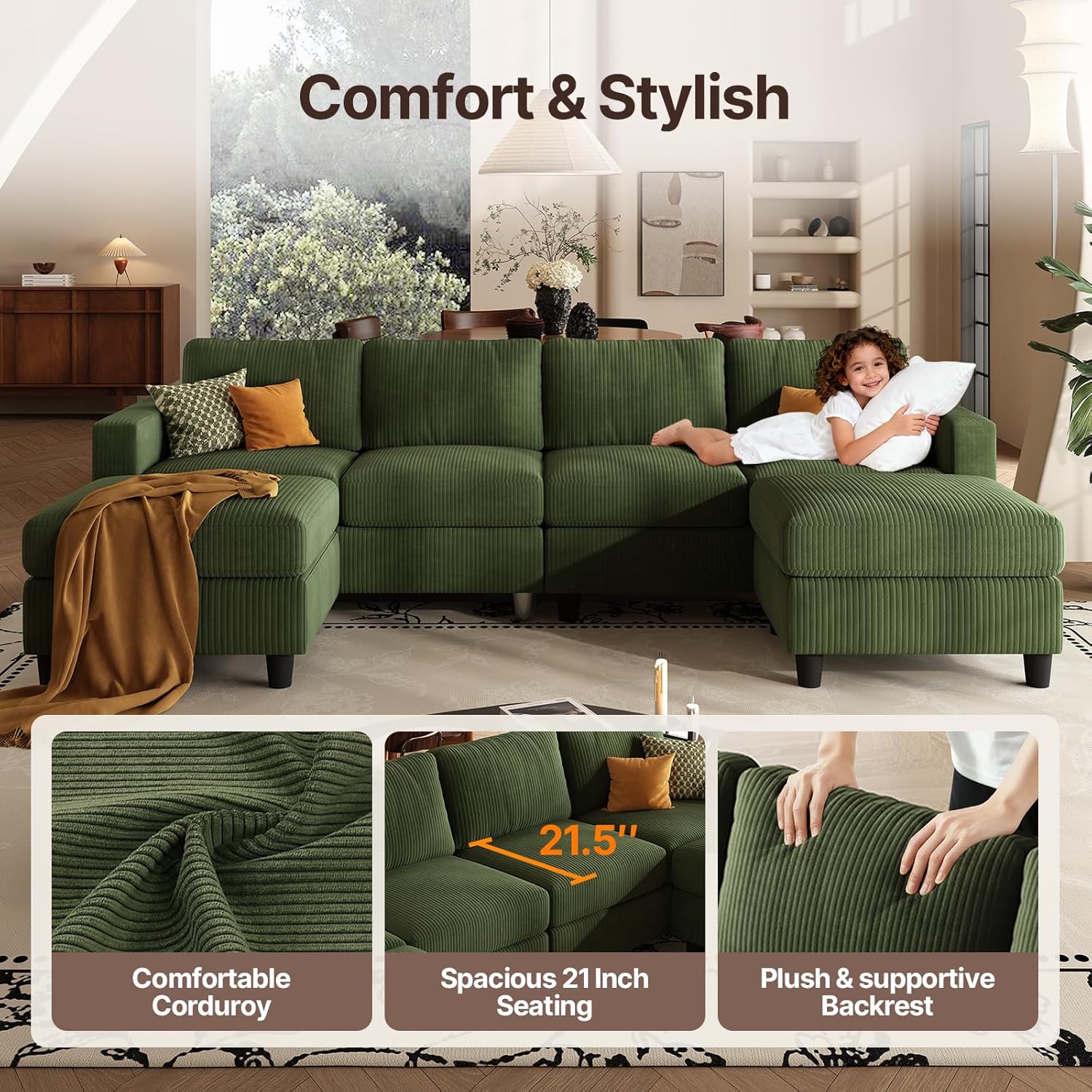 Green Sectional Sofa Modular, 101" U Shaped Cloud Couch Sectional Sofas for Living Room, 6 Seater Large Cozy Couch with Ottoman, Corduroy Sofa (Green, U-Shaped 6 Seats)