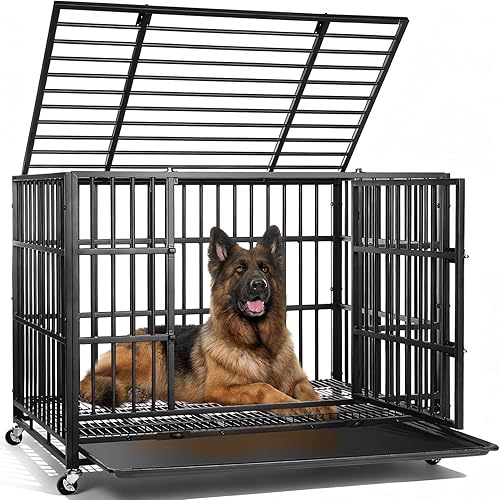 VOWNER Jaula para perros indestructibles de 42 pulgadas, jaula para perros de alta ansiedad, jaula para perros a prueba de escape con 4 ruedas con