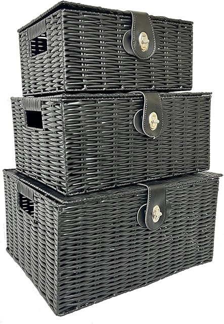 Oypla Set of 3 Black Resin Woven Wicker Style Baskets Hampers Storage Boxes