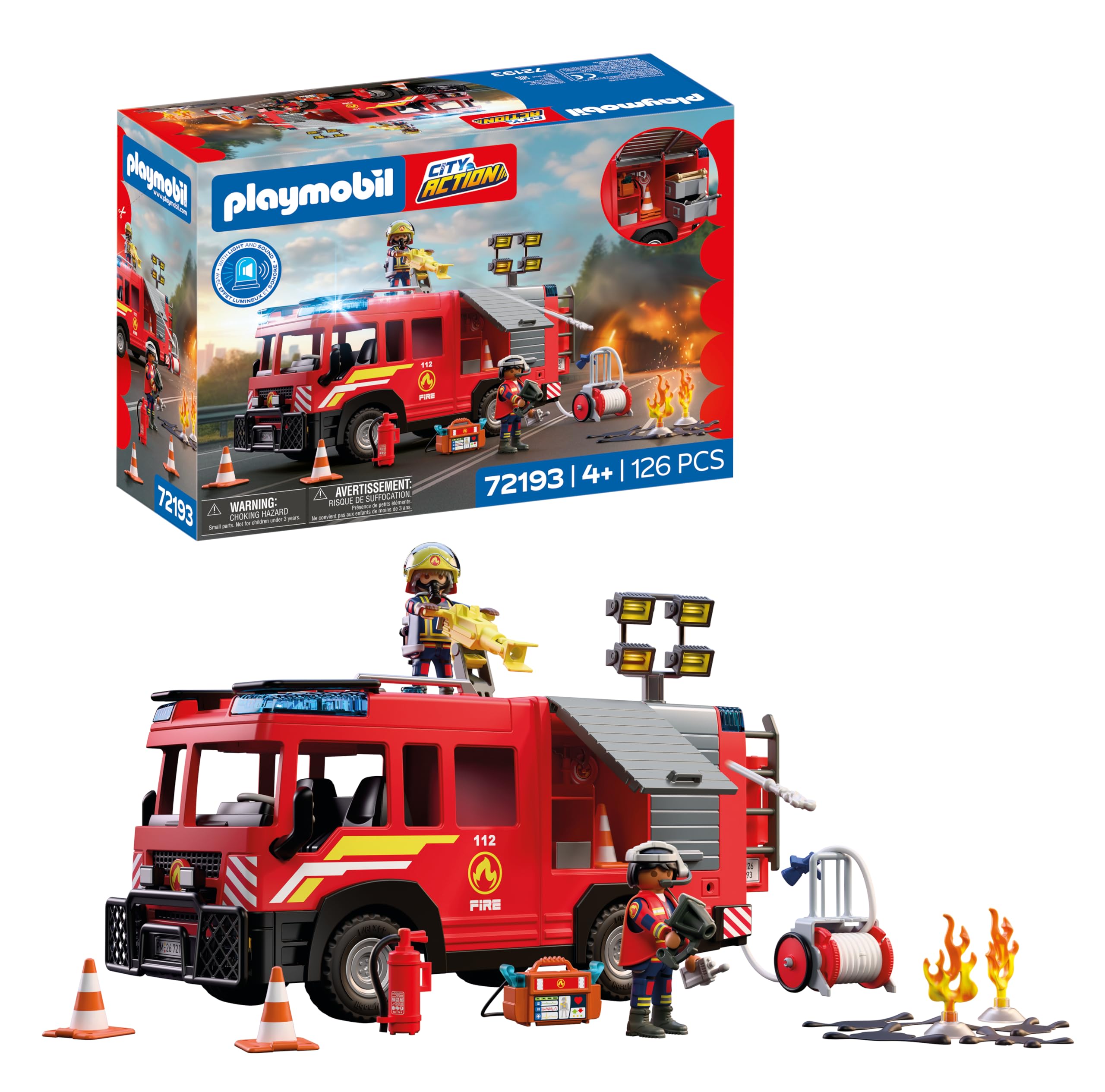 Playmobil | City Action | Fire Rescue Truck | Emergency Vehicle with Light & Sound, Water Cannon, Foam Projectile & Extensive Equipment | For Children Aged 4+ | 72193