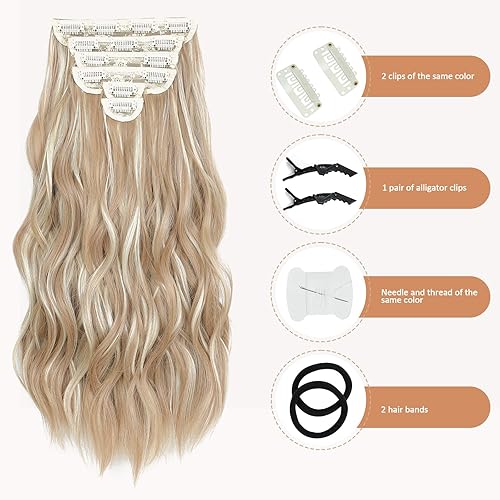Miniatura 4 de Extensiones de cabello con clip, extensiones de cabello ondulado de 20 pulgadas de largo, 6 piezas de cabello castaño claro y rubio que se mezclan