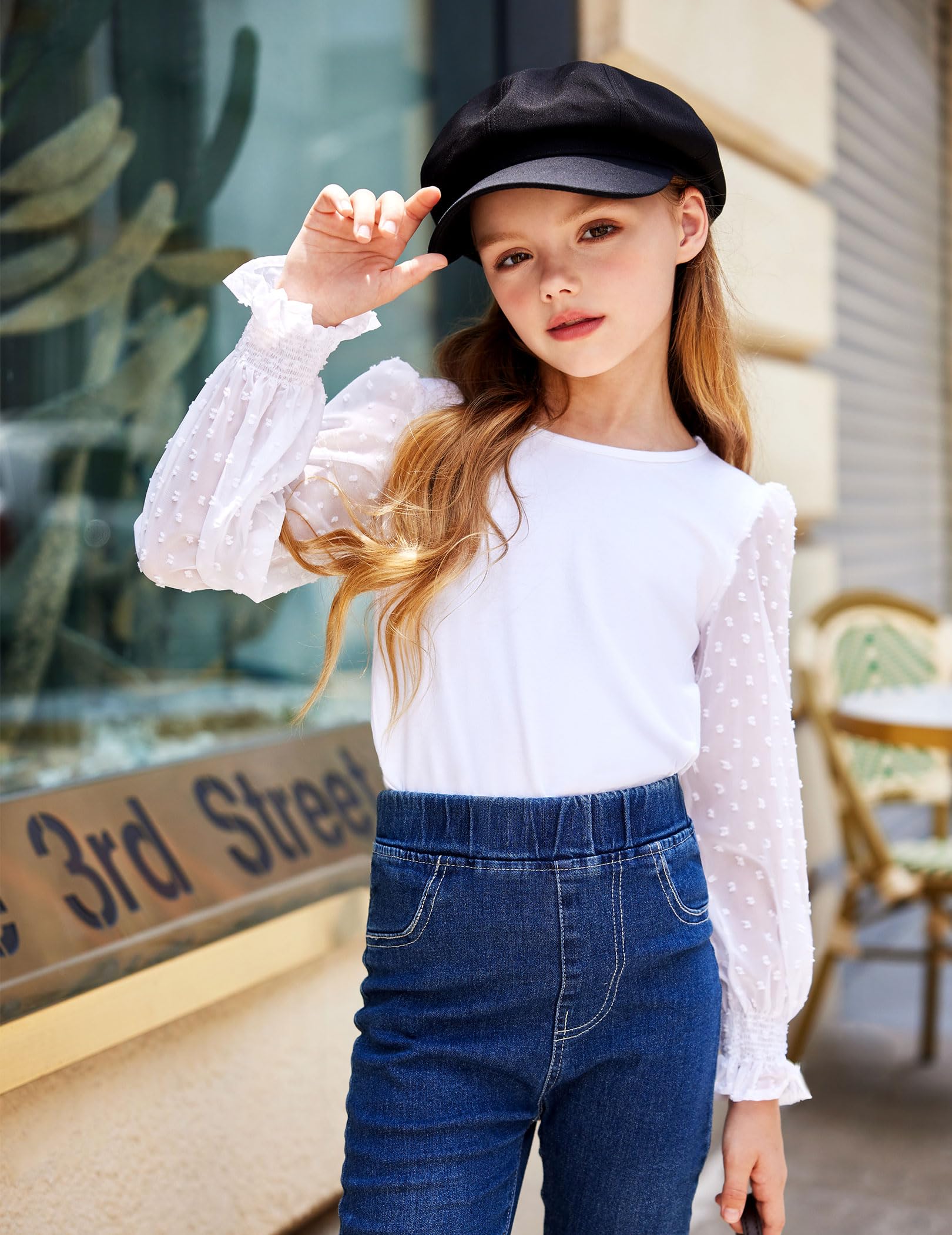 Arshiner Mädchen Langarmshirt mit gesmokten Rüschenmanschetten Polka Schweizer Dots Kinder Pullover Shirts Süßes Rundhals Oberteil Bluse für Mädchen 5-12 Jaher