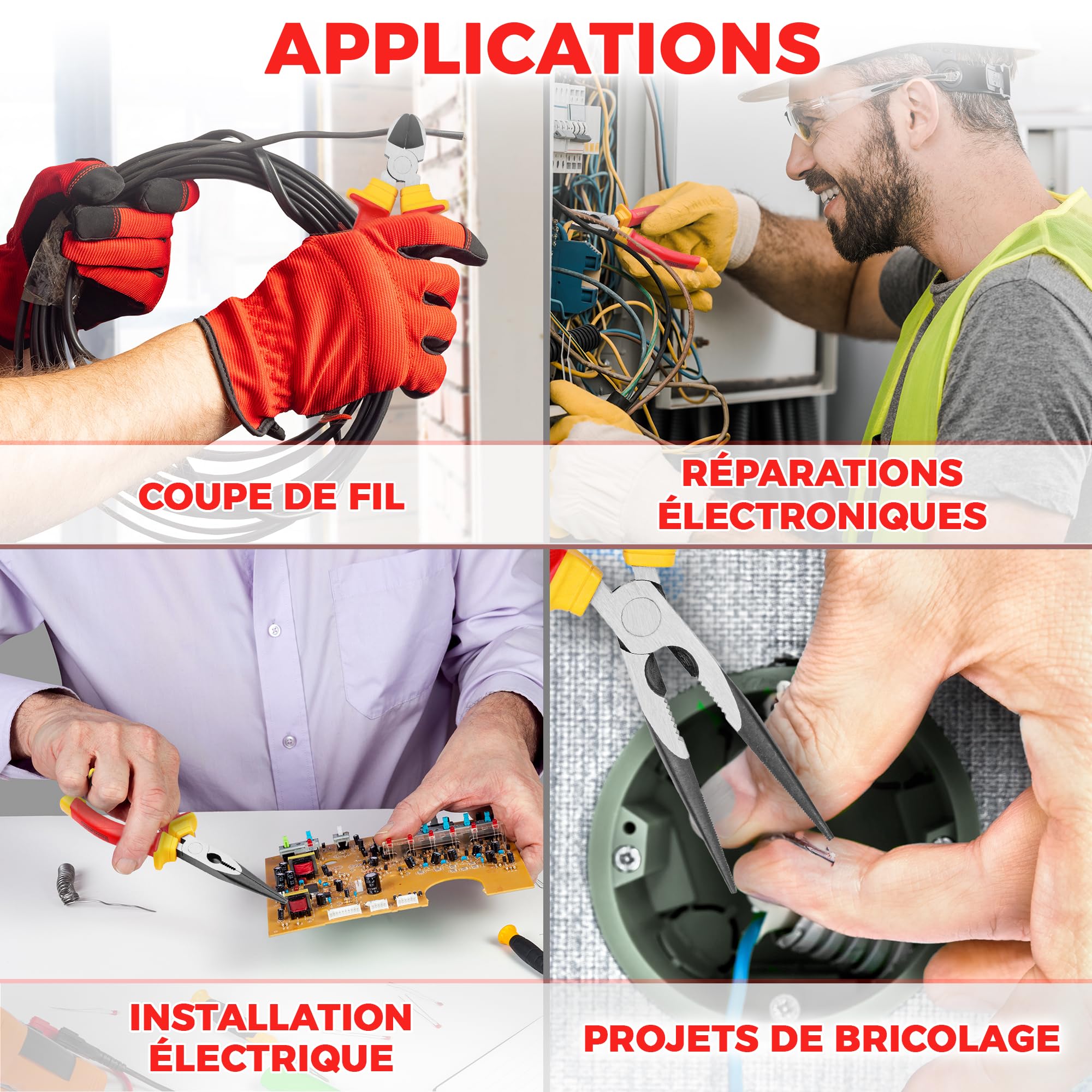 Jeu de 3 pinces pour électricien, isolées et testées VDE, combinées, longues/à bec aiguille et coupantes latérales/pinces coupantes diagonales