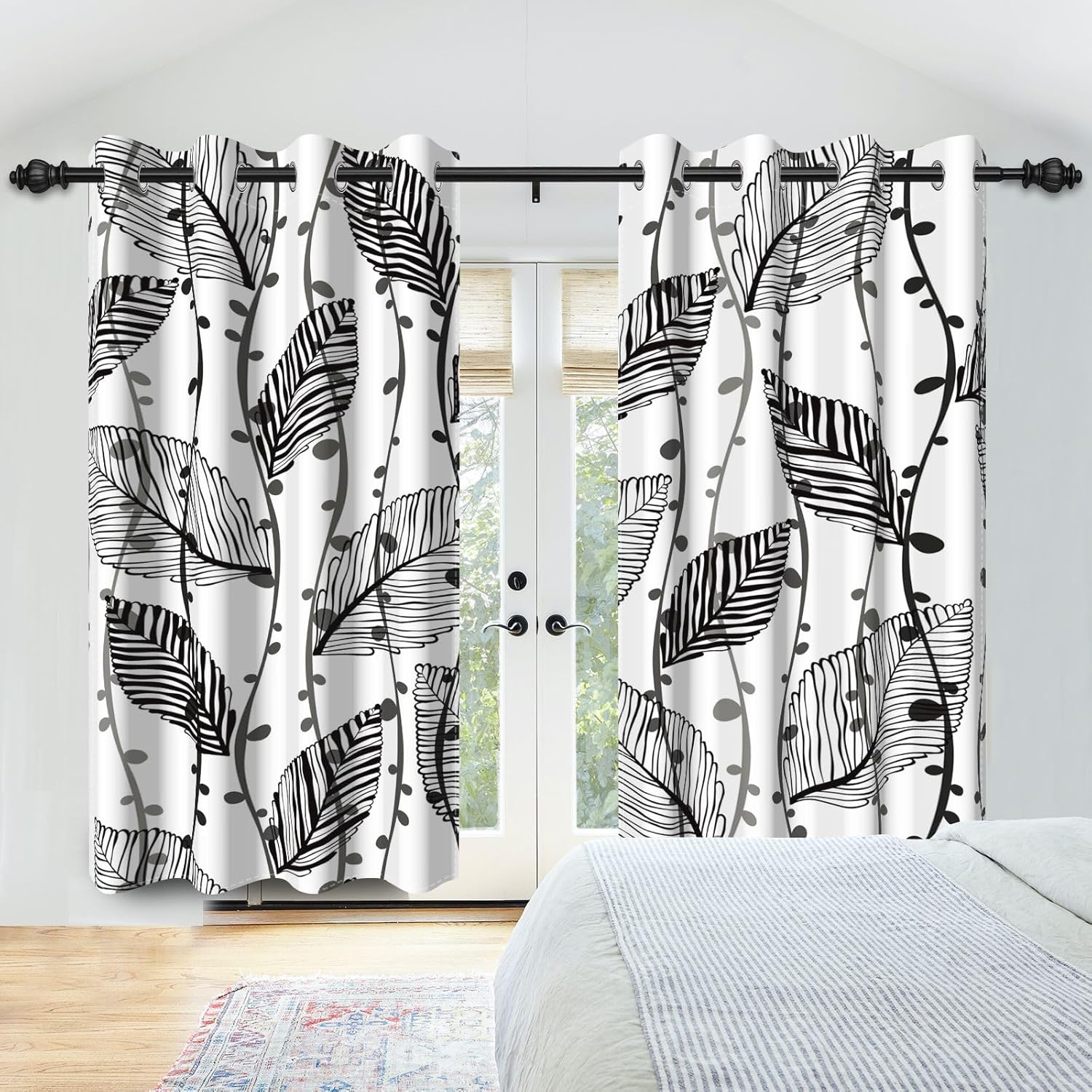 Laeacco Abstract Leaves Blackout Curtains White Modern Minimalist Plant Lines Curtain Drapes Grommet Thermal Insulated Window Curtains for Home Office Bedroom Living Dining Room 42x84 Inch, 2 Panels