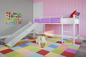 DHP Junior Twin Metal Loft Bed with Slide, Multifunctional Design, White with White Slide
