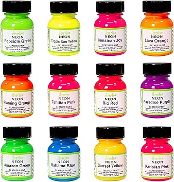 Angelus Neon Acrylic Leather Paint Set β 12 Vibrant Colors, 1 oz Each β Non-Toxic Leather, Canvas, Wood Paints for Customization and Crafting. Flexible, Mixable, Made In USA Angelus Neon Acrylic Leather Paint Set β 12 Vibrant Colors, 1 oz Each β Non-Toxic Leather, Canvas, Wood Paints for Customization and Crafting. Flexible, Mixable, Made In USA