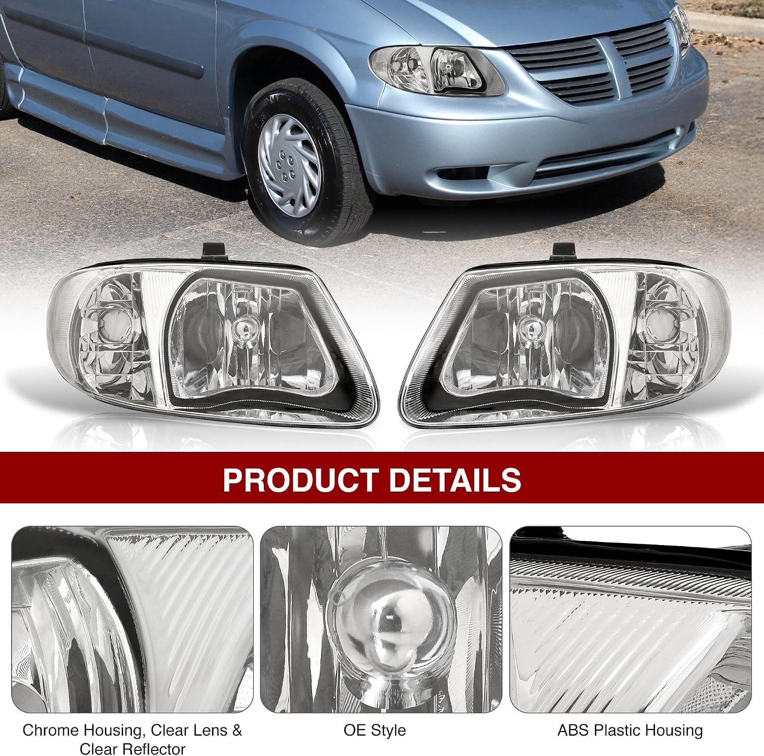 AJP Distributors Chrome Housing Clear Lens Reflector Signal Headlights Driving Lights Lamps Assembly Compatible/Replacement for Town & Country Grand Caravan Voyager 2001 2002 2003 2004 2005 2006 2007