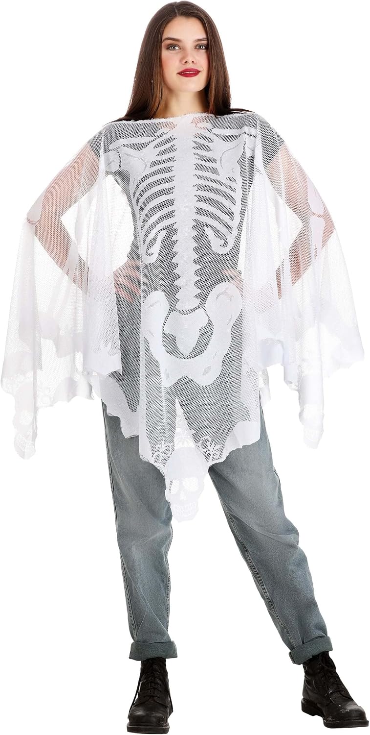 Sheer Skeleton Lace Poncho Costume - Knitted Skeletal Torso, Skull Corners