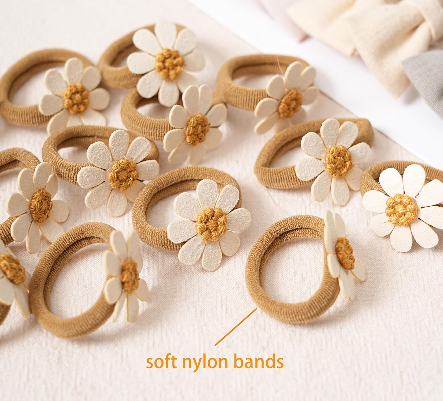 28 pcs Baby Toddler Girl Hair Ties with Bows and Daisy Flower, Neutral Linen Boutique Ouchless Hair Accessories for Girls' Fine Hair, No Damage Soft Elastic Pigtails Ponytail Holders