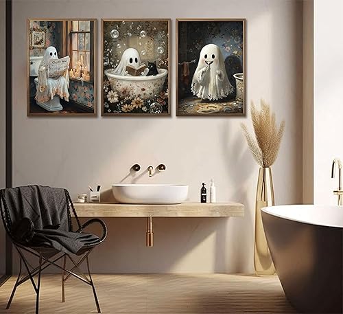 Miniatura 5 de 3 pósteres de fantasmas de Halloween, arte de pared, fantasmas de terror y gato negro en el baño, decoración de pared, imágenes góticas oscuras,