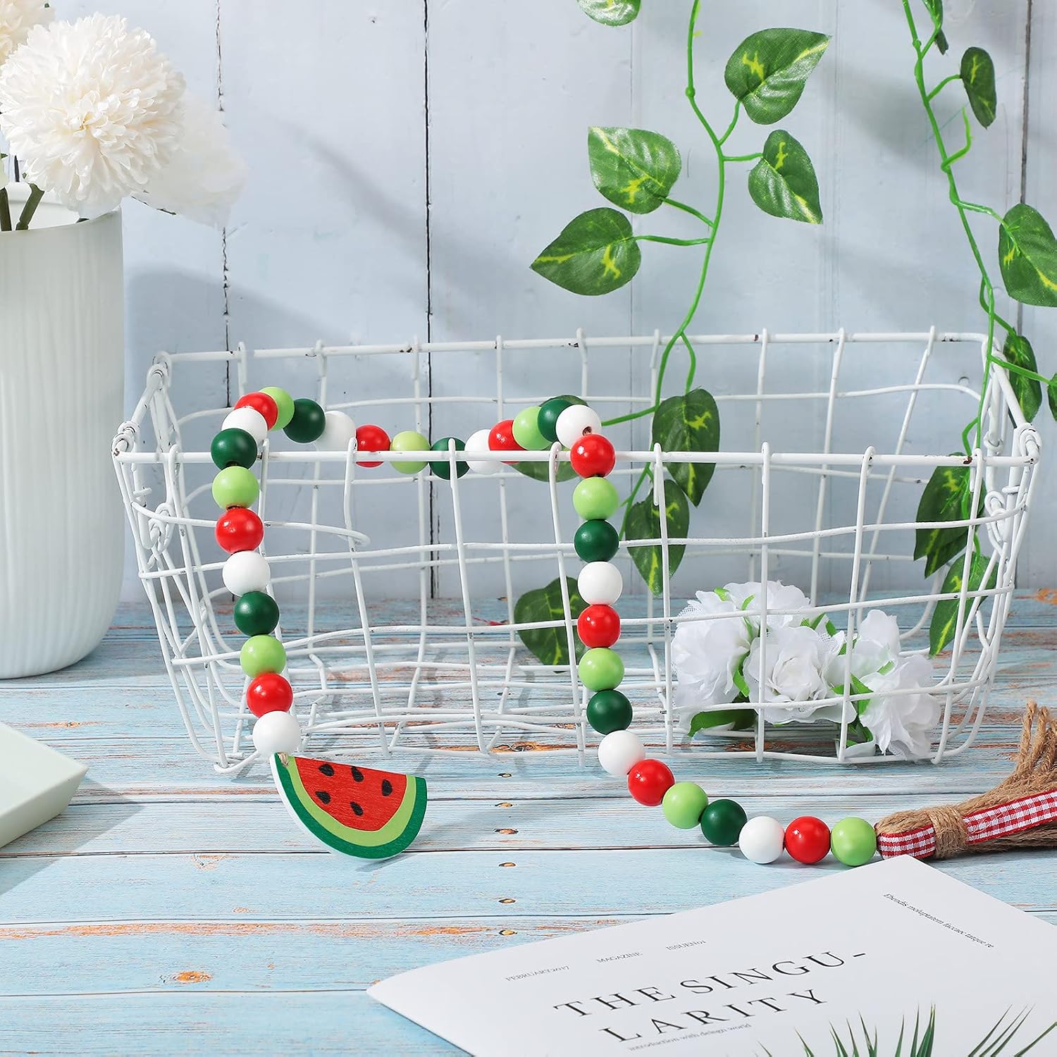 2 Pieces Watermelon Wood Bead Garland Summer Watermelon Tiered Tray Decor with Tassels Farmhouse Rustic Country Bead Garland Prayer Boho Garland Decor (Fresh Color)