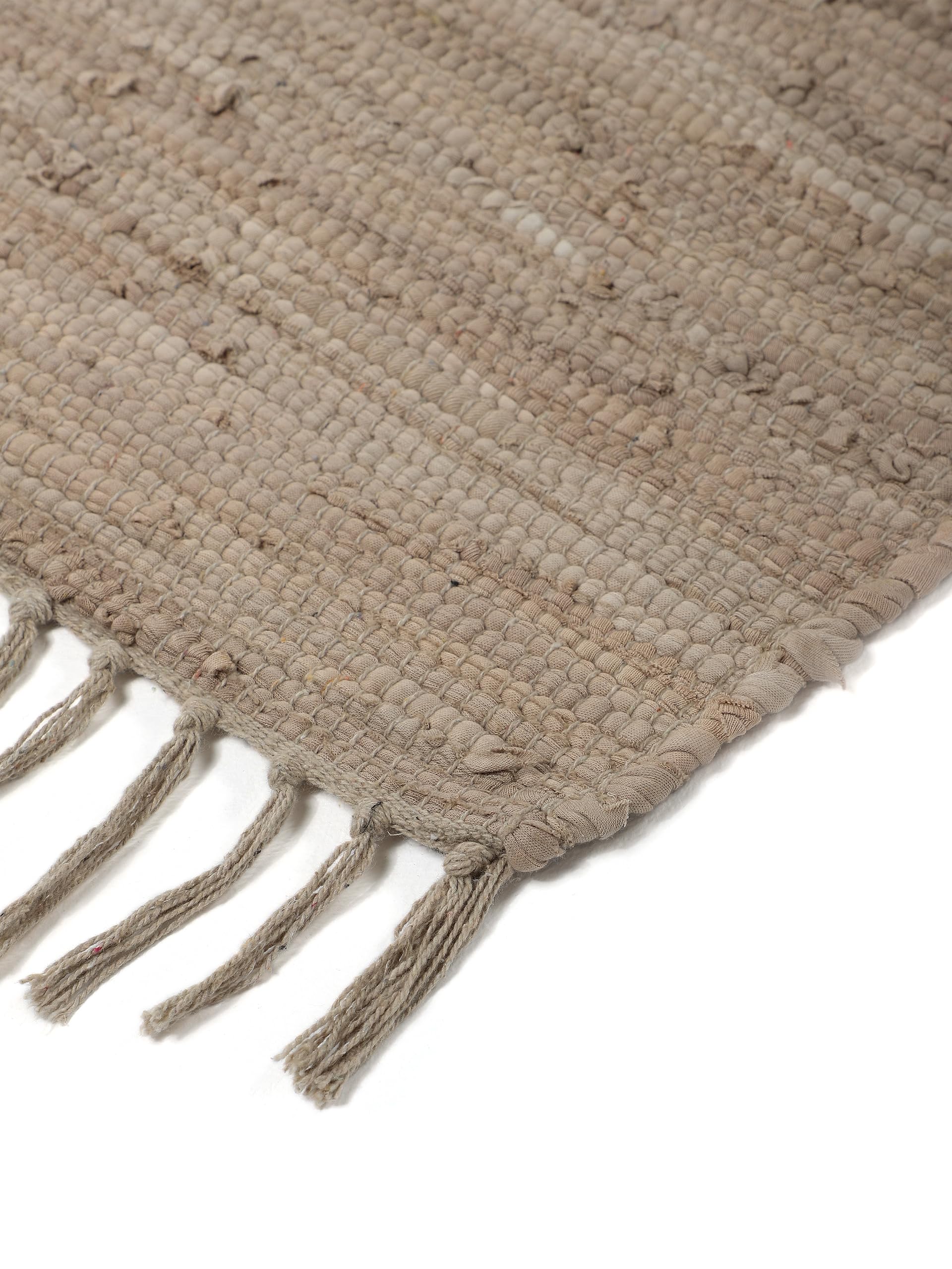 carpetfine Flickenteppich Kelim Chindi Uni Läufer Taupe 70x240 cm, handgewebt | Fleckerlteppich aus Baumwolle für Wohnzimmermit Fransen