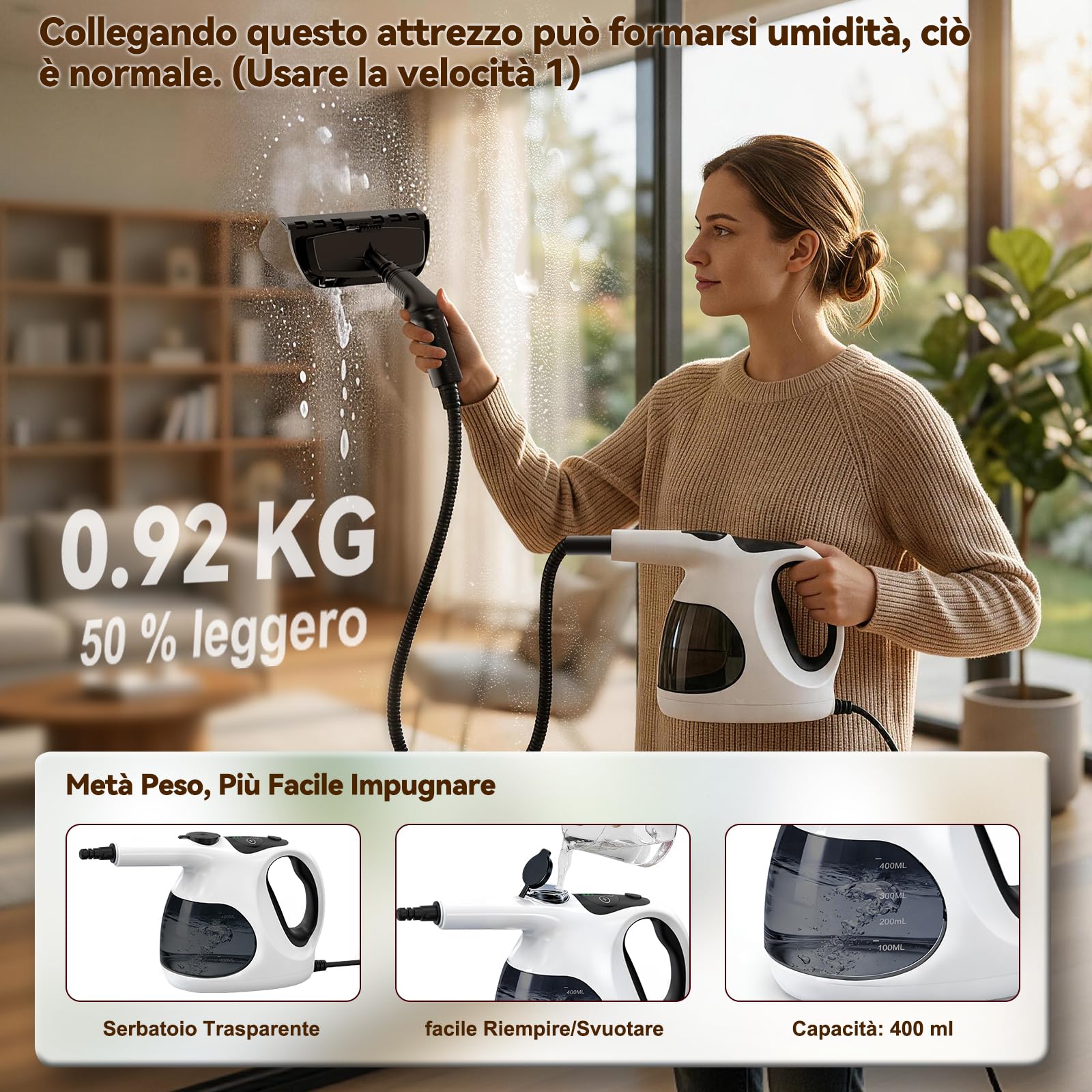 Pulitore a Vapore Portatile, Calore Istantaneo 5 Secondi, 400 ml Serbatoio Trasparente, Facile Riempire, Solo 0.92 kg, 10 Accessori, Multiuso Pressurizzato Pulitore Steam Cleaner Casa