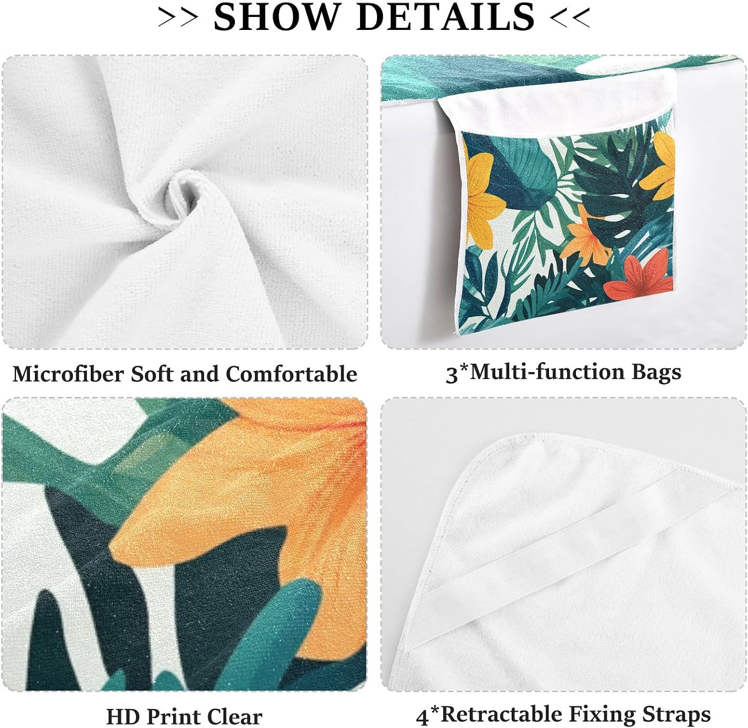 Tropical Style Green Leaves Flower Patio Chaise Lounge Chair Cover Soft Sturdy Patio Furniture Cover with 3 Pockets for Outdoor Pool Beach Sunbathing, 85" X 30"