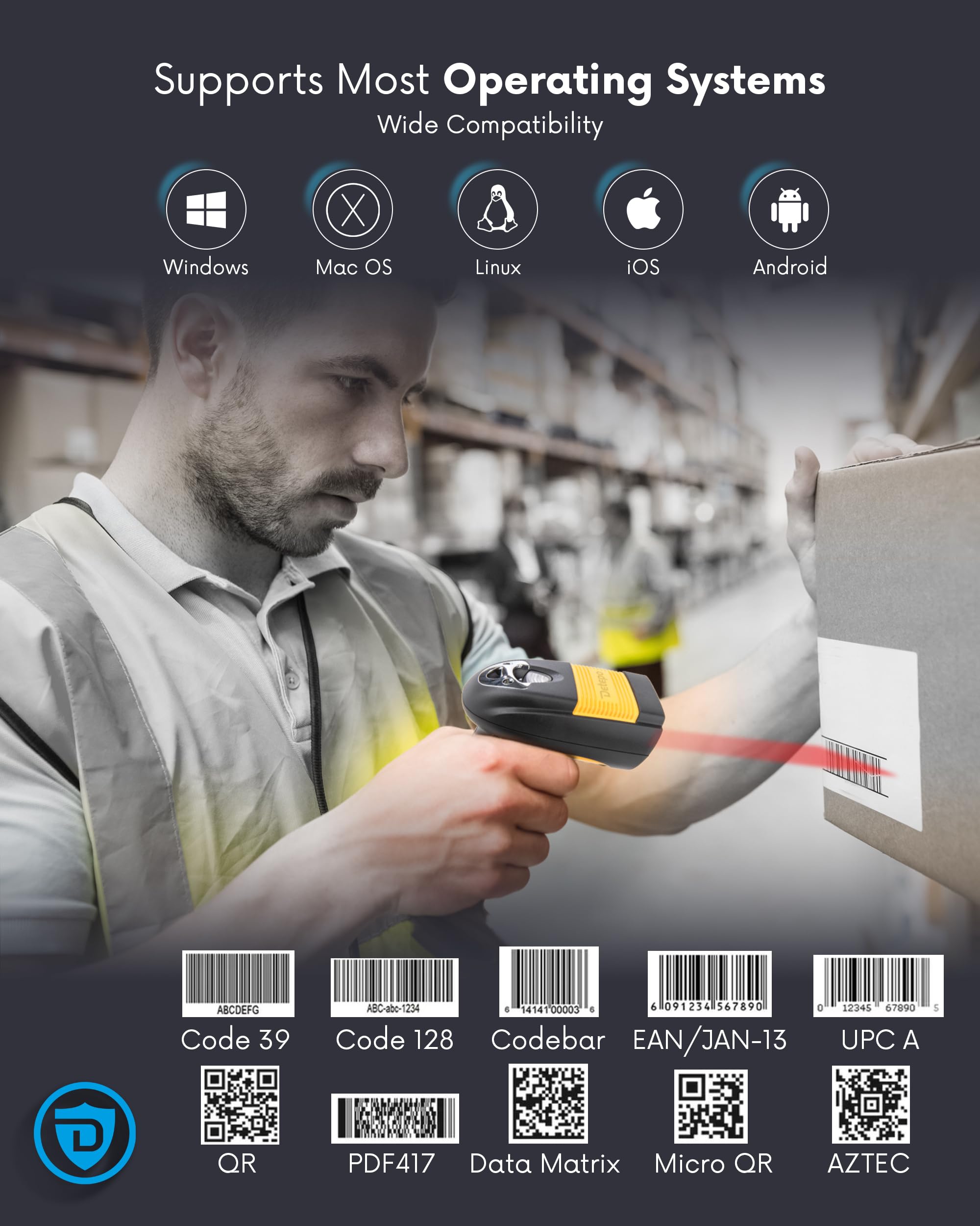 Scanner wireless per codici a barre e QR | Ingresso USB e Bluetooth | 3 modalità di funzionamento | Antipolvere e antigoccia | Design ergonomico | Batteria al litio ricaricabile (DB105)
