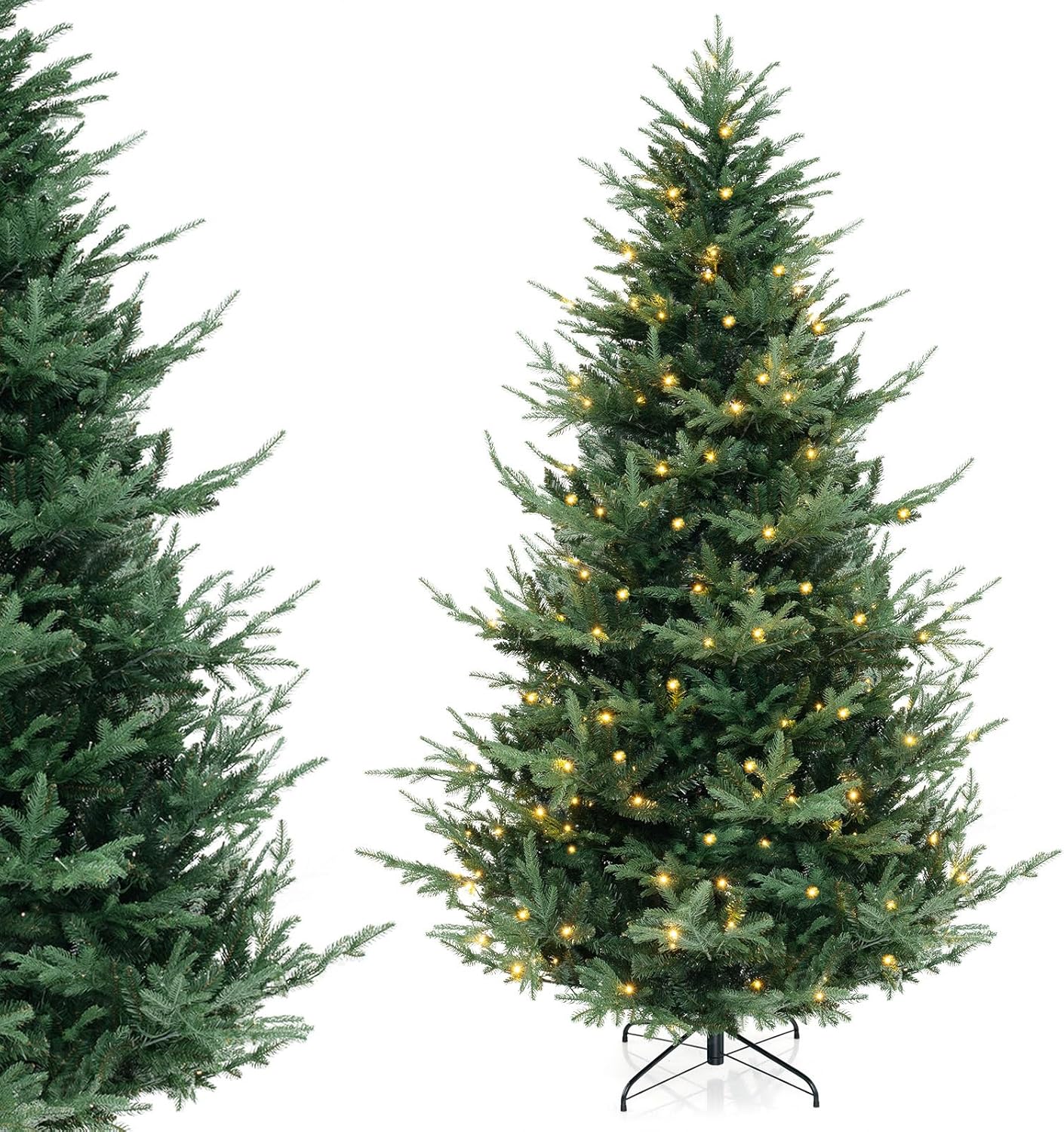DORTALA 8FT Prelit Christmas Tree Green, Hinged Artificial Xmas Tree with 450 Warm White LED Lights, 8 Lighting Modes, 1480 PE & PVC Mixed Branch Tips, for Home Office Party