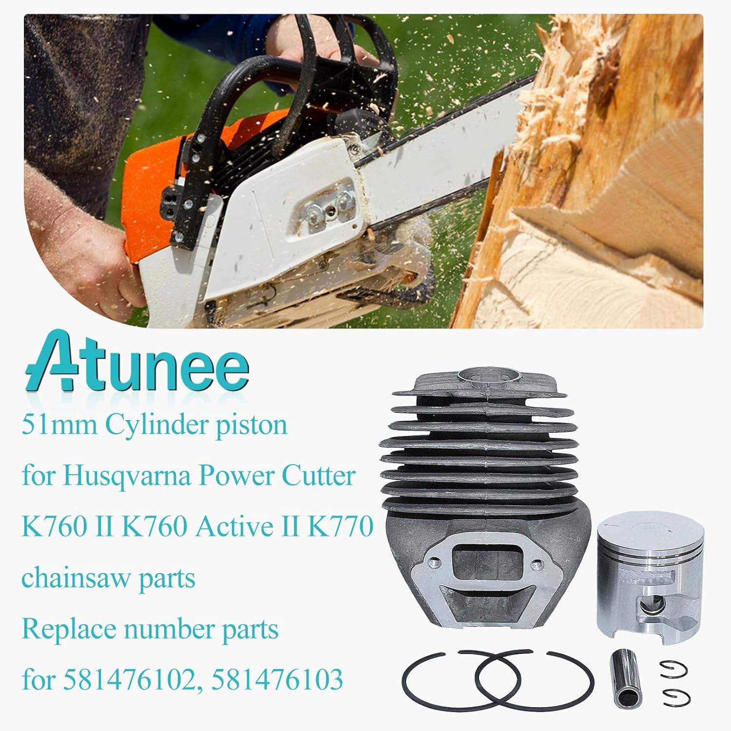 51mm Cylinder Piston Kit for Husqvarna Power Cutter K760 II K760 Active II K770 Chainsaw with Gasket Replace 581476102 581476103