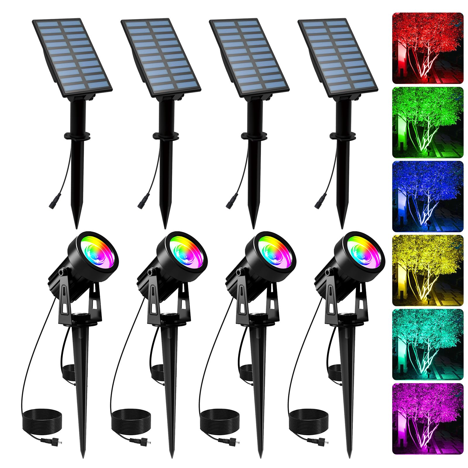 T-SUNUS Color Changing Solar Landscape Spotlights 4 Pack, IP65 Waterproof RGB Spot Lights 9.8ft Cable, Separated Panel Garden Light for Flag Outdoor Yard Driveway Porch Walkway Pool Patio