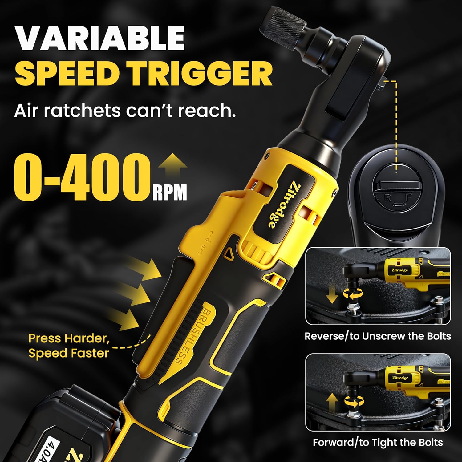 1/2" Cordless Electric Ratchet Wrench Set with Multi Drill Bits, 89FT-LBS 400 PRM Power Ratchet Wrench, 21V Ratchet Tool Kit, Variable Speed, 7 Sockets, LED Light, 1/4" & 3/8" Adapter, 4.0Ah Battery - Image 6