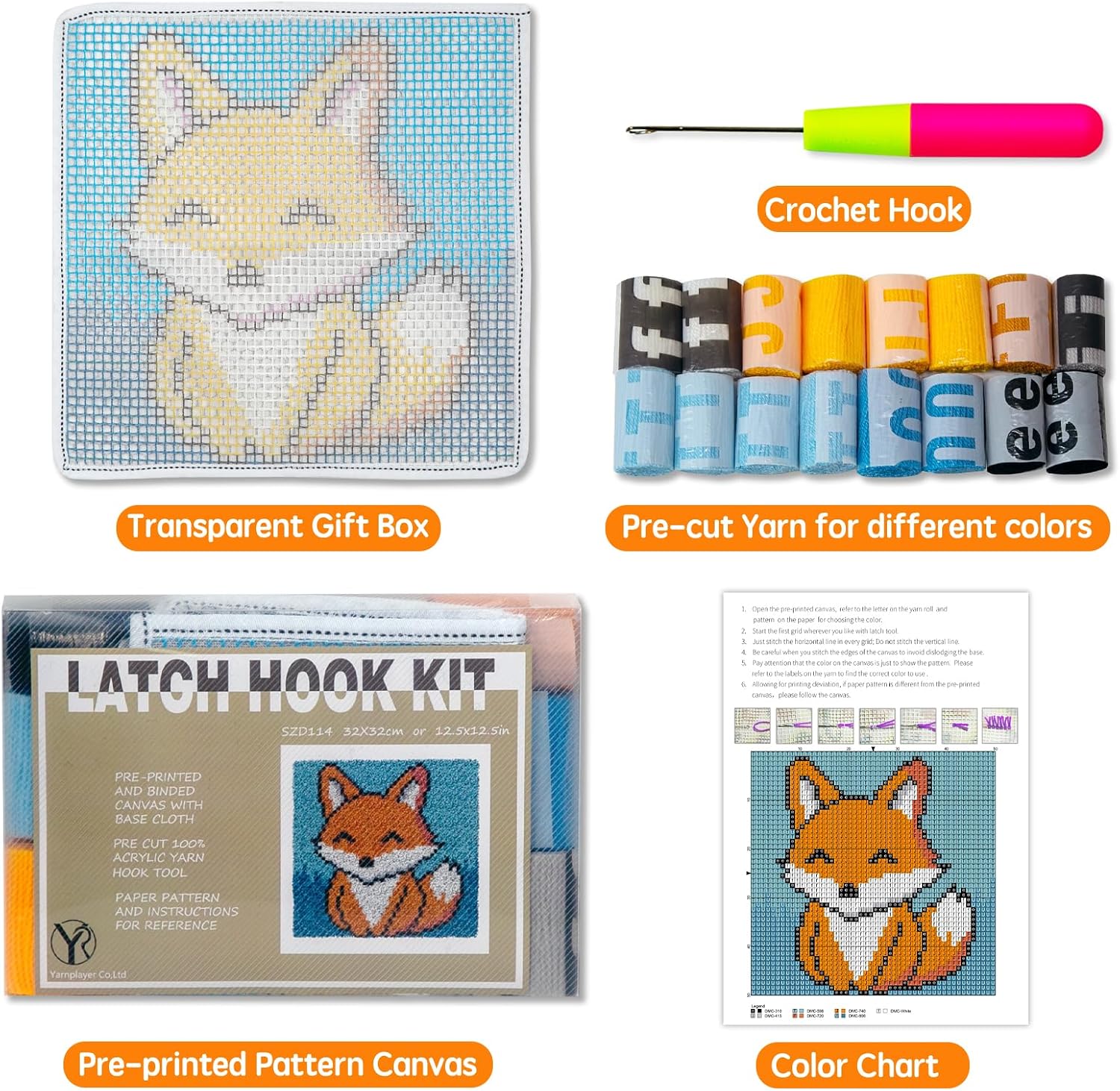 YP Latch Hook Kits for Adults DIY Rug Tapestry Kits with Printed Canvas Embroidery Kits Festival Gifts Home Decoration (Fox,11.8inch X 11.8inch)