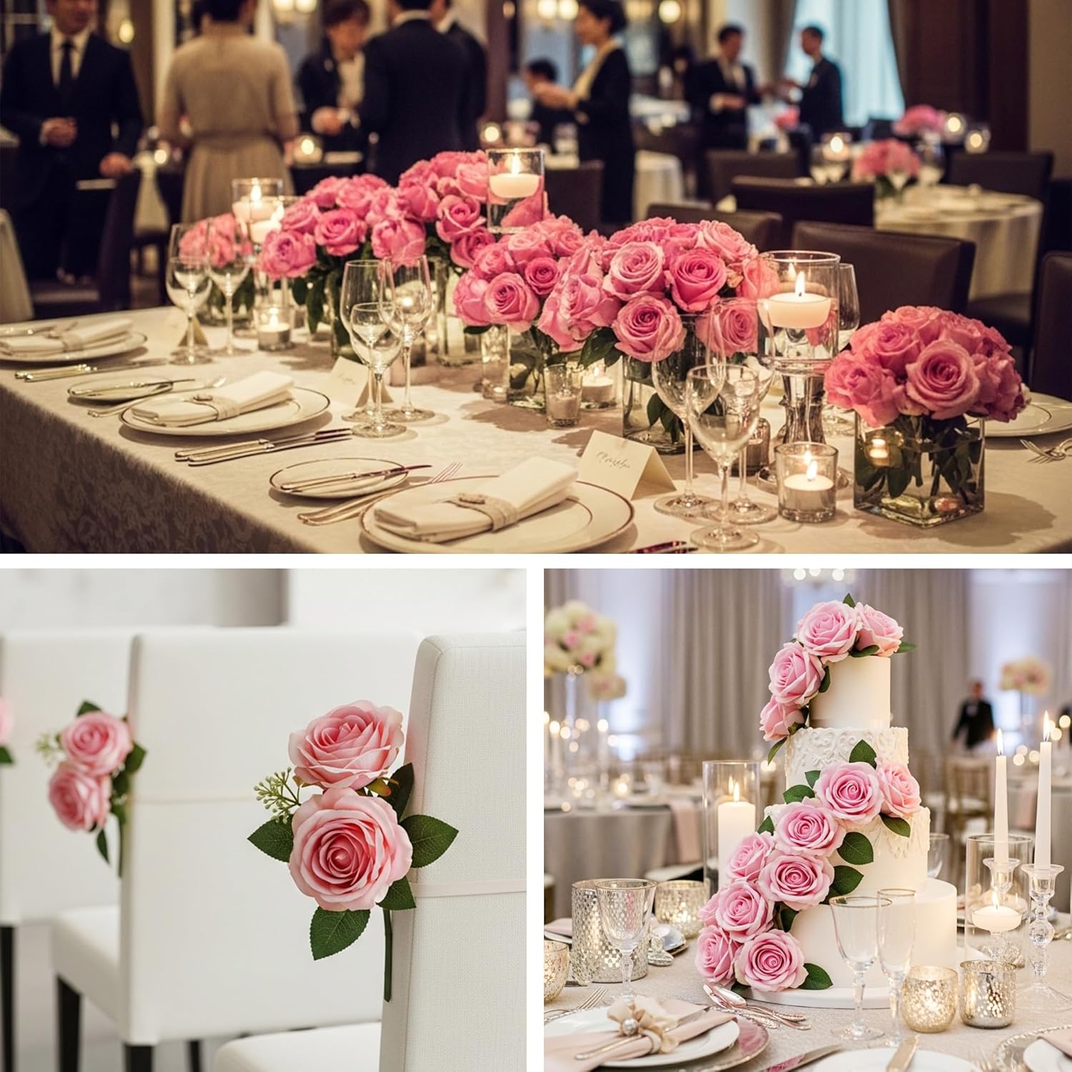 Auihiay 60PCS Pink Roses, Artificial Roses, Velvet Silk Fake Roses, Realistic Pink Artificial Flowers for Wedding Centerpieces, Bridal Bouquets, Home Decor, Anniversary, Valentine's Day Decorations - Image 3