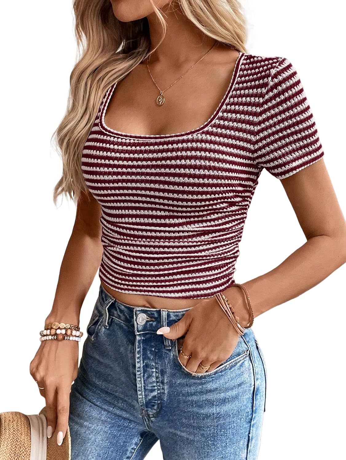 Women Summer Short Sleeve Shirts Ruched Tops Sexy Square Neck Blouses Going Out Knit T Shirt Basic Tees - Image 6