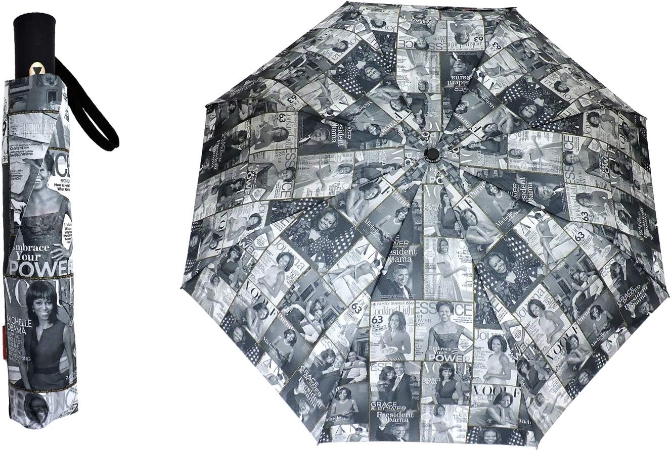 Magazine Cover Collage Michelle Obama Printed Light Weight Bubble Dome Compact Retractable Folding Umbrella With Sleeve (Auto Open-Black)