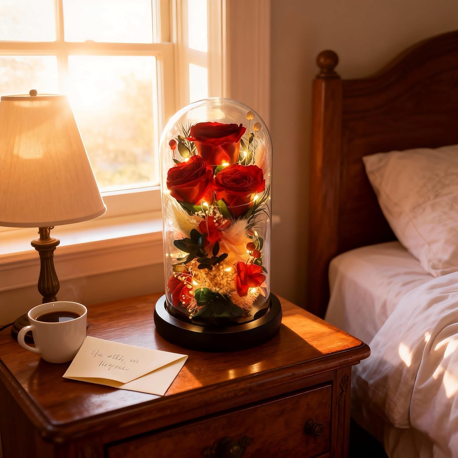 Preserved Red Rose in Glass Dome with LED Lights - Forever Eternal Real Rose Gifts for Women, Valentines Day Mothers Day Birthday Wedding Anniversary for Mom Wife Girlfriend - Image 9