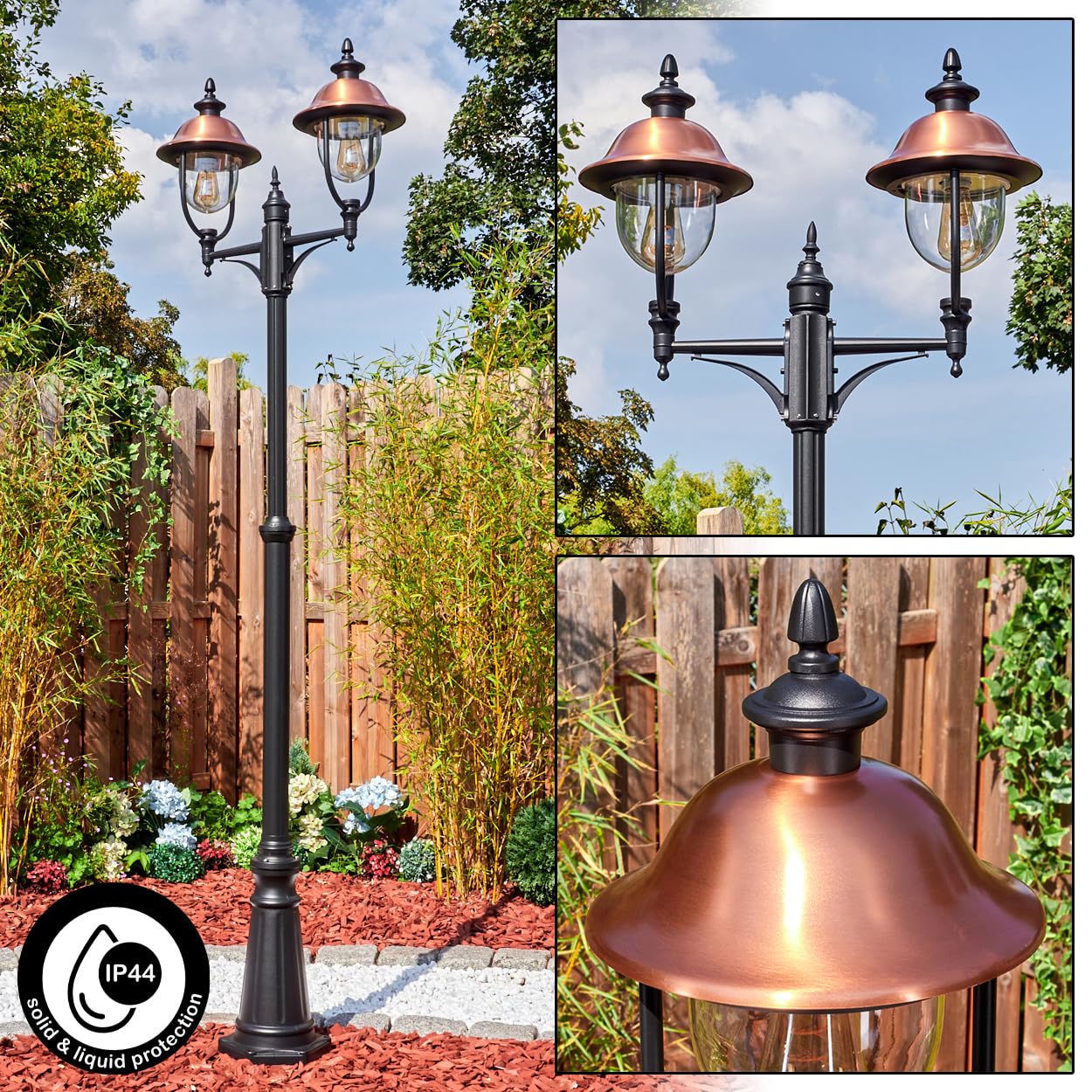 HOFSTEIN Kandelaber Gascon, lampione da esterno in metallo/plastica in nero/rame/trasparente, lampione regolabile in stile vintage/antico/rustico per giardino, esterno, cortile, 233 cm, 2 x E27, IP44