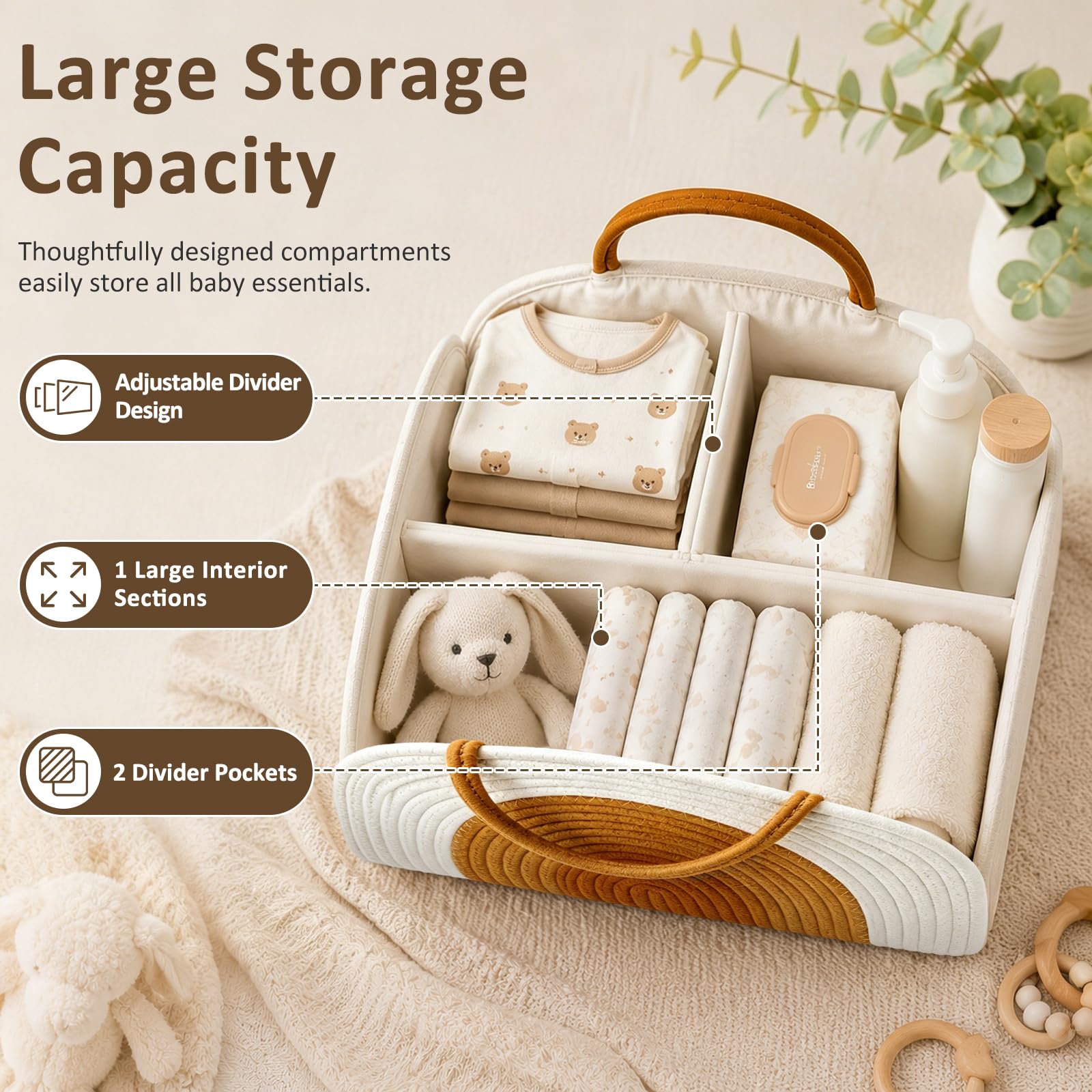 Cestino Porta Pannolini, Portatile Organizer Fasciatoio per Neonati con Divisorio Rimovibile e Manici, Organizer per Pannolini, Organizzatore per Pannolini per Regali Neonati, Bianco Marrone