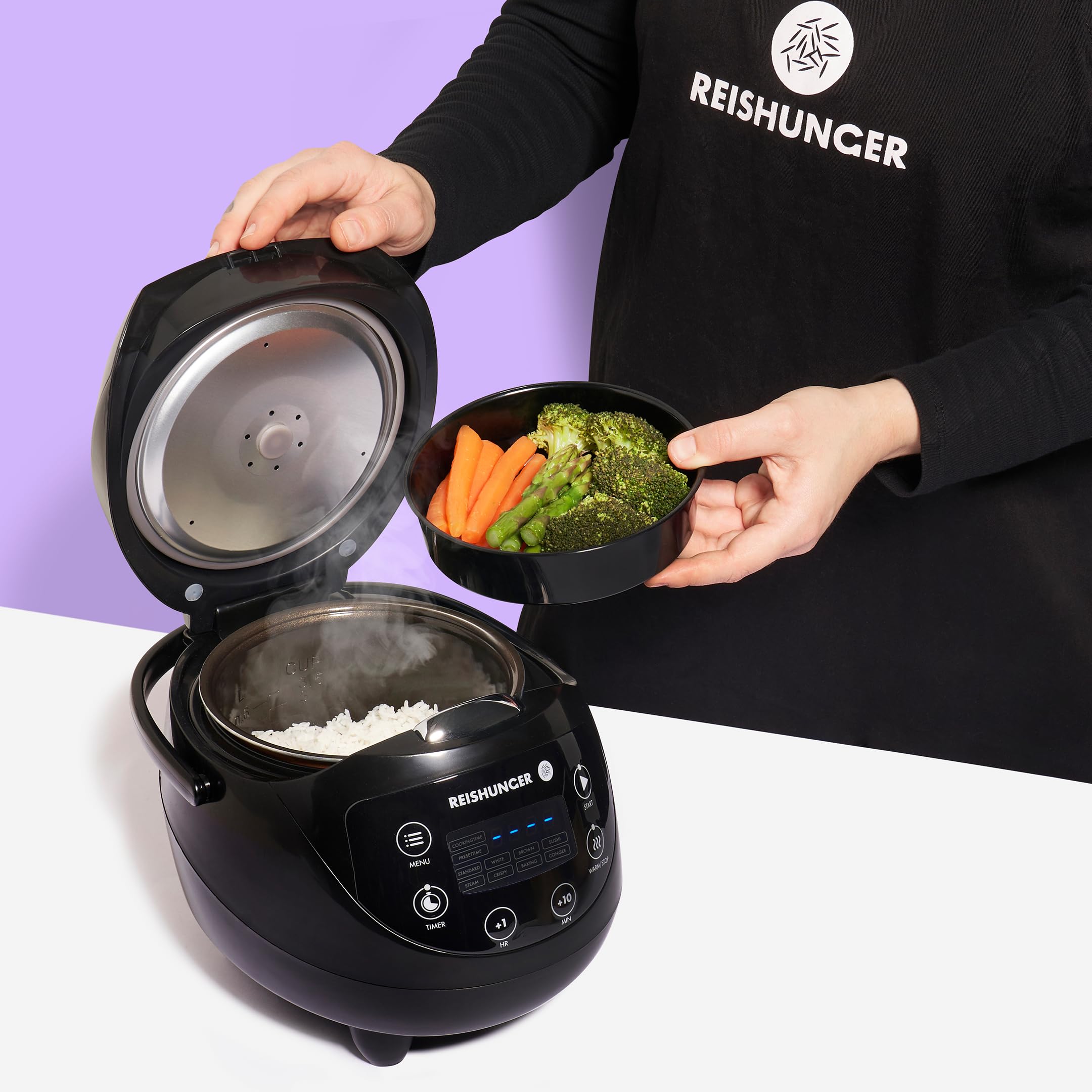 Reishunger Mini Olla Arrocera Eléctrica y Vaporera en Negro hasta 3 Personas (0.6 l) – Hervidor de Arroz con 8 Programas - Con Pantalla LED y Función Automática de Mantenimiento del Calor