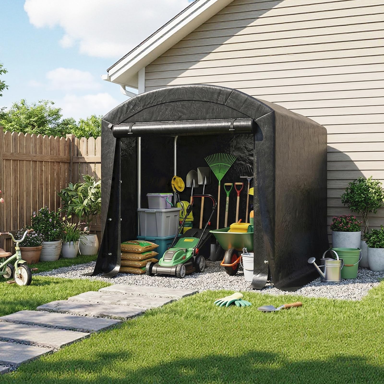 LARMNEE Fahrradunterstand, Gerätehaus, Garagenzelt, 182 x 120 x 165 cm Fahrradgarage, Carport Lagerzelt Gerätezelt für Gartengeräte Fahrräder, für Garage, Garten, Abstellraum, Schwarz EBK02ZX02