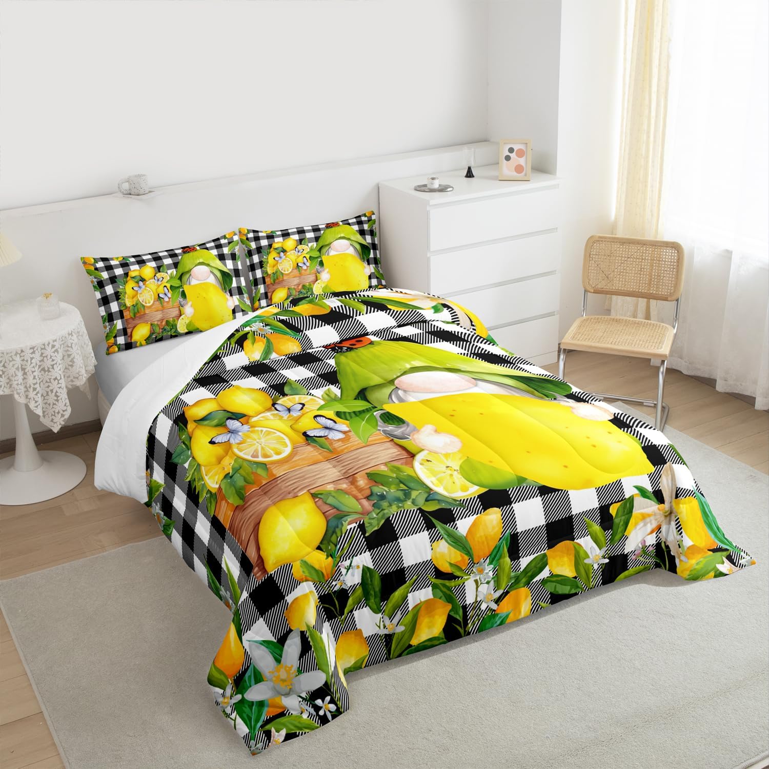 Kawaii Summer Lemon Gnomes Comforter Set Twin Size,Black White Geometric Grid Bedding Set 2pcs,Watercolor Summer Fruits Leaves Quilt Set Cute Butterfly Animals Duvet Insert,Yellow Green