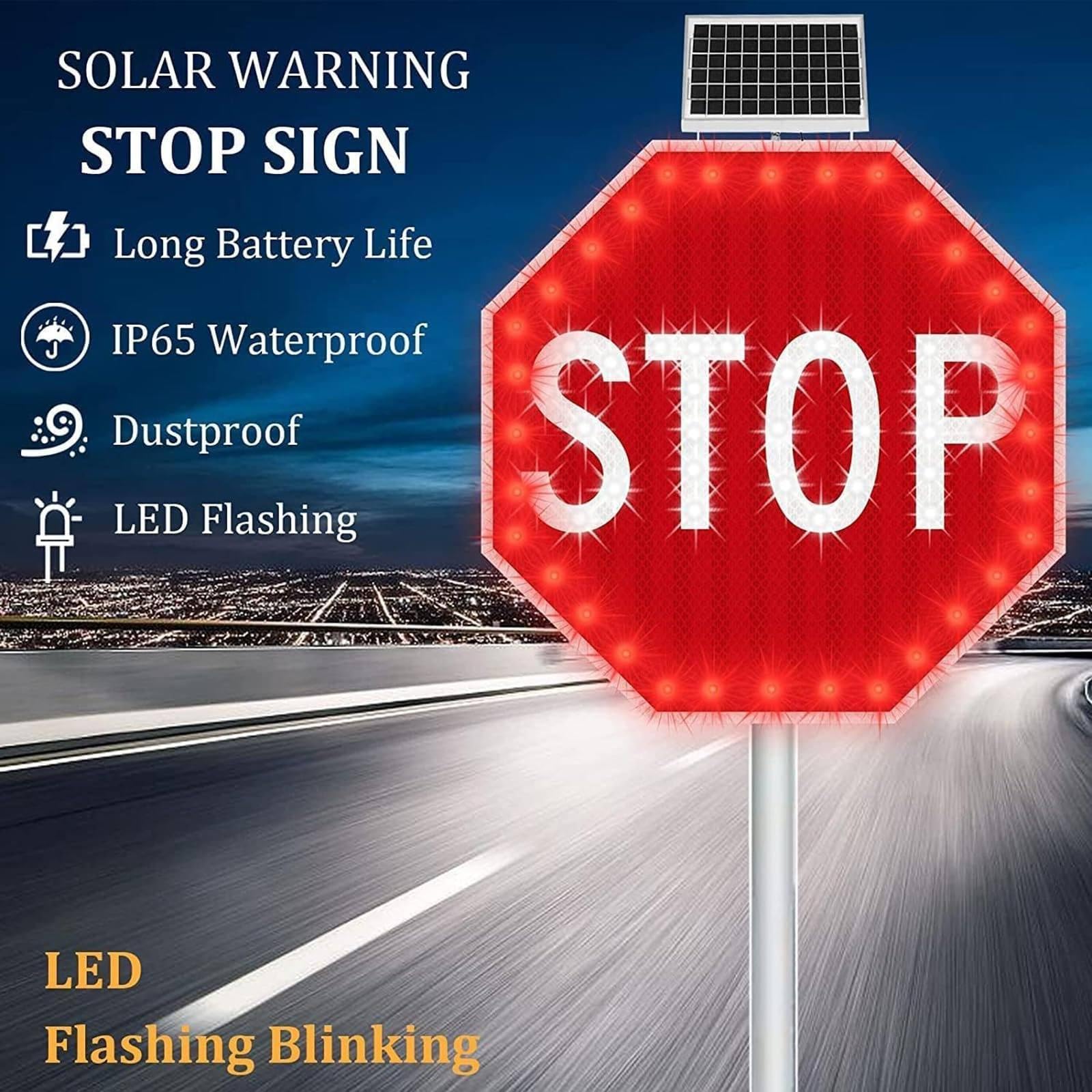 Señal de Stop con Energía Solar y LED Parpadeantes - Luz de Advertencia 24/7, Señal Exterior de 60×60cm, Sensor Automático de Anochecer/Amanecer para Intersecciones y Campus