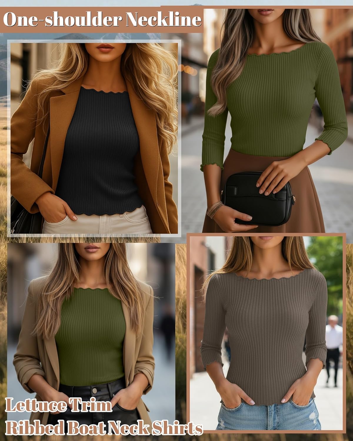 Riyiper 3 Pack Women's 3/4 Length Sleeve Tops Lettuce Trim Ribbed Boat Neck Shirts Half Slim Casual Basic Fitted Tees - Image 2