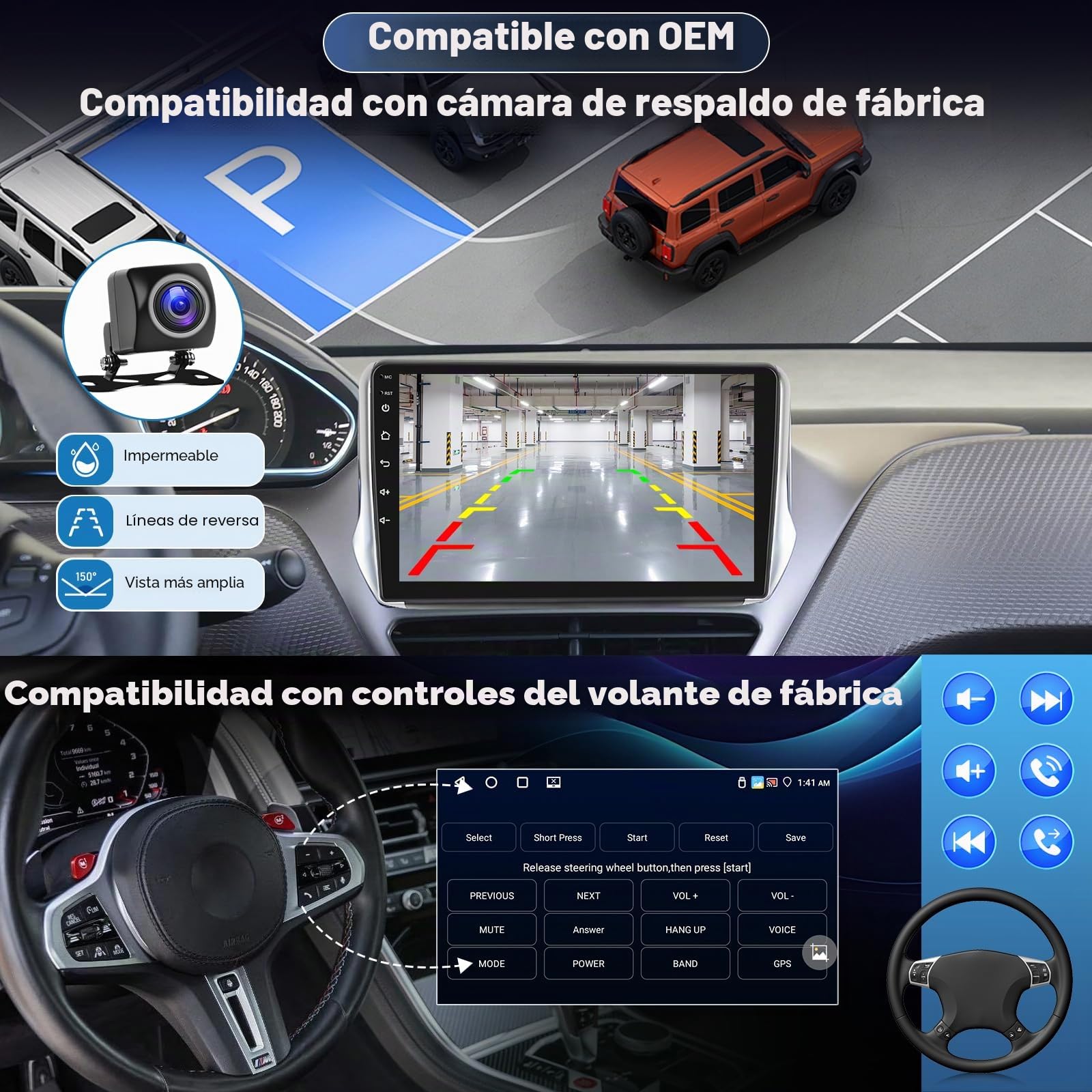 8 Núcleos 4+64 GB Radio Android para Peugeot 307 2002–2013, Pantalla táctil 9″ 1280×720 IPS con CarPlay & Android Auto inalámbrico, GPS WiFi DSP 32EQ + cámara AHD y micrófono Externo