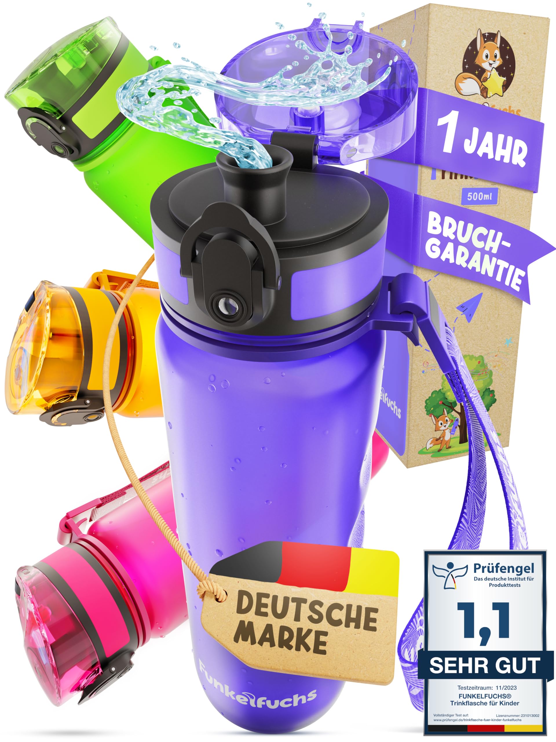 Funkelfuchs Water Bottle for Children - 500 ml, Purple - Carbonated Suitable - 100% Leak-Proof - Water Bottle Dishwasher Safe - for School, School, Sports