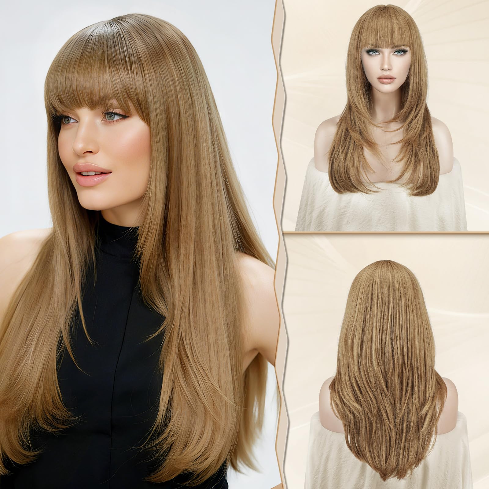 Amazon.com : SOFEIYAN Long Straight Layered Wig with Bangs  display picture 3