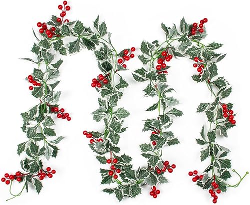 Paquete de 3 guirnaldas de Pascua de Navidad de 25.5 pies con borde blanco, hojas verdes de acebo para Navidad, hogar, comedor, terraza, barandilla,