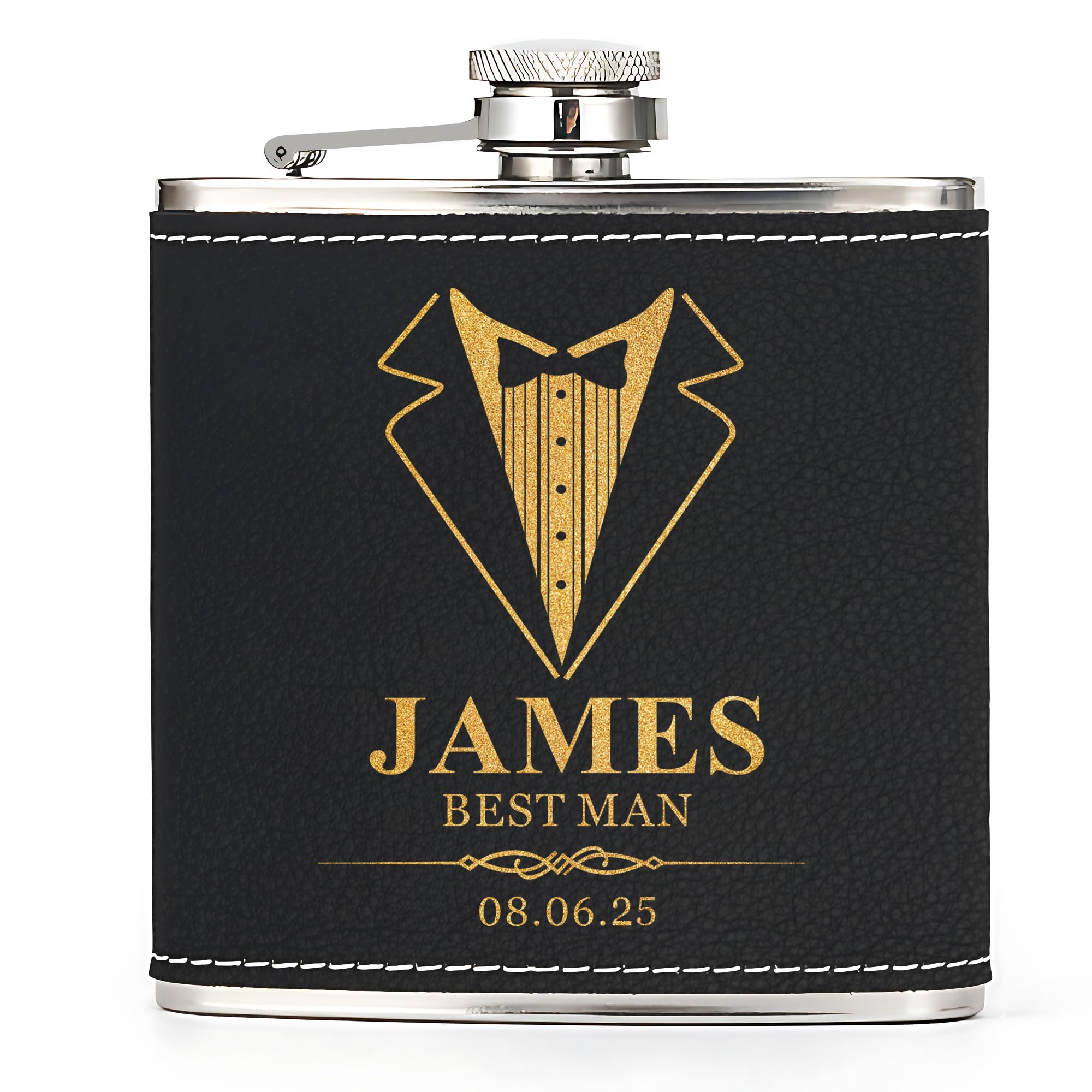 Hip Flask Personalised Hip Flask for Men Custom Engraved PU Leather Hip Flasks Whisky Flask Wedding Best Man Gifts for Usher Groomsmen Groom Father of The Bride (Black, Design 2)